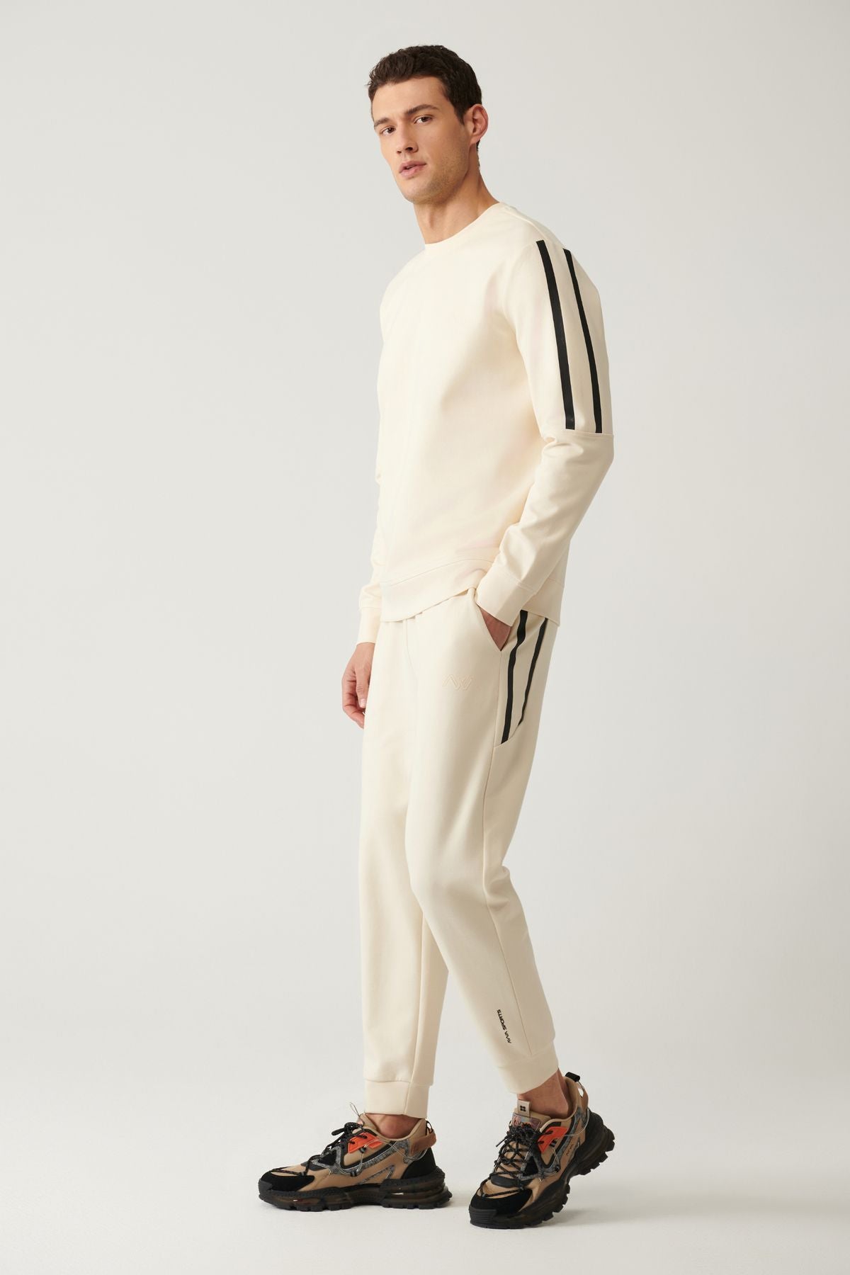 Men's Beige Interlok Waist Laccked Cotton Tracksuit Six A41y3408