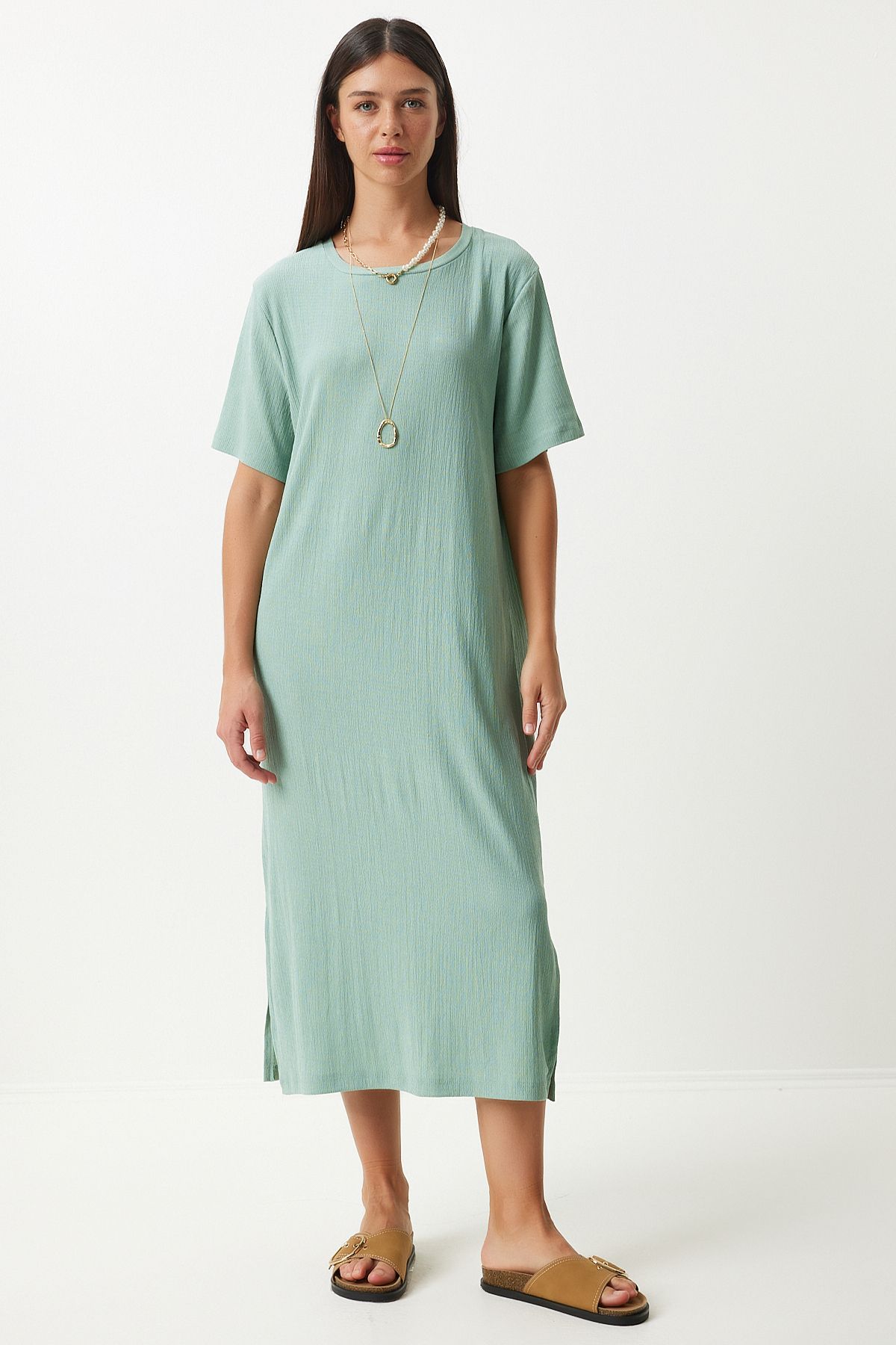 Women's Cagla Green Long Daily Knitting Dress DZ00076