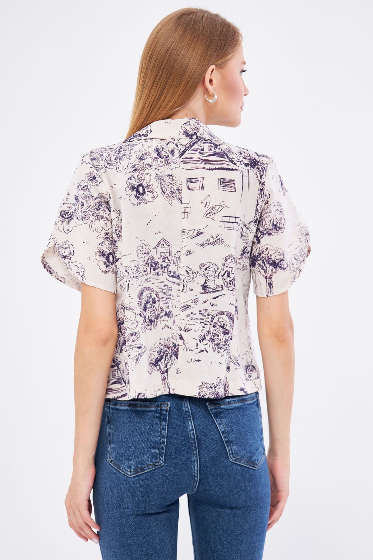 Woman Dark Purple Flax Looking Patterned Band Slit Crop Short Sleeve Jacket ARM-24Y001095