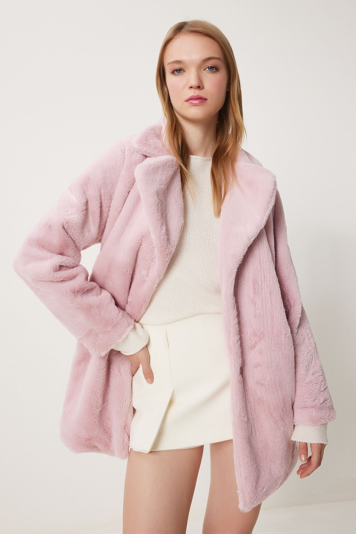 Woman Pink Artificial Fur Coat Rv00072