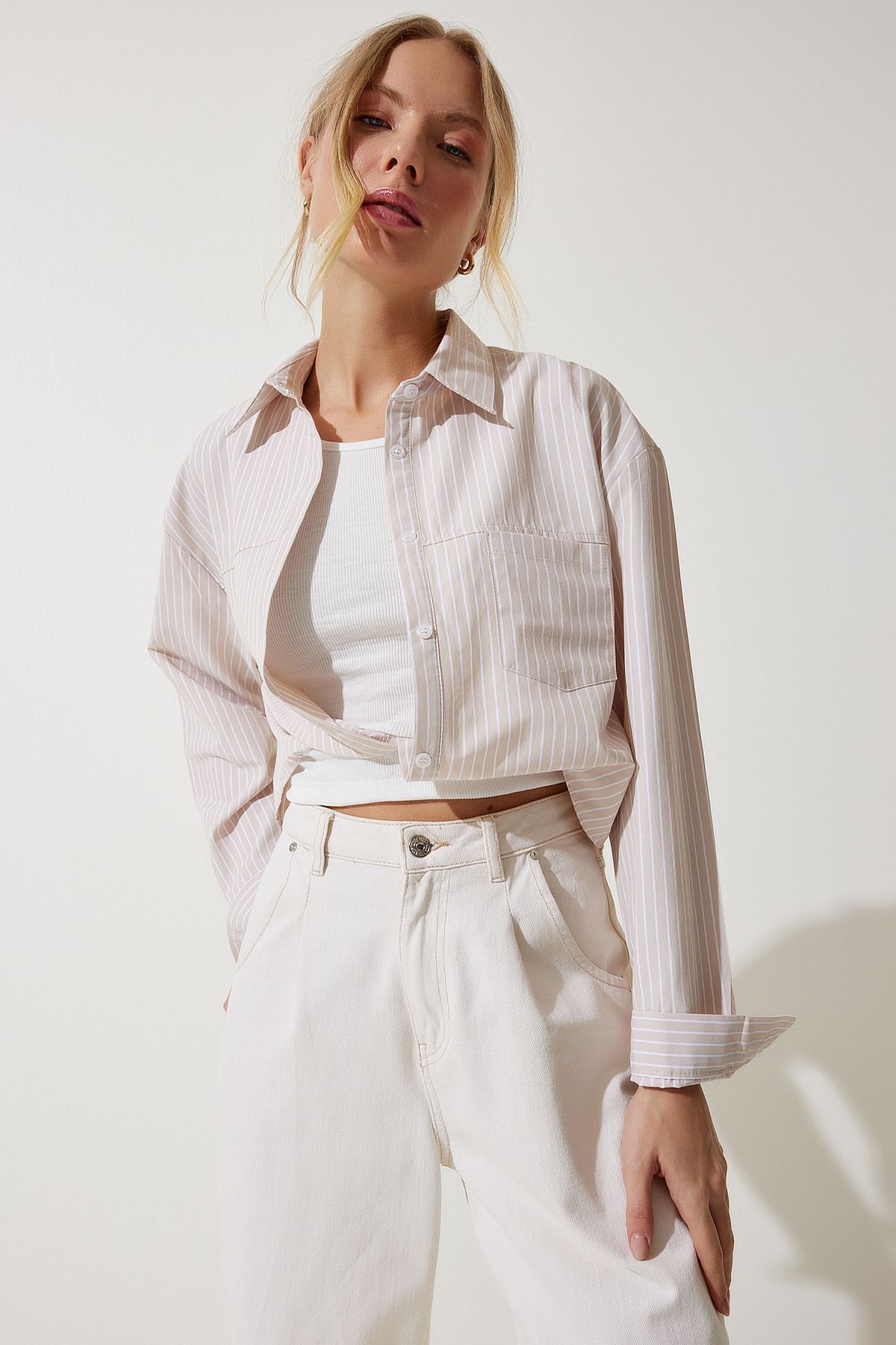 Female Beige Blouse Detail Crop Shirt RG00022