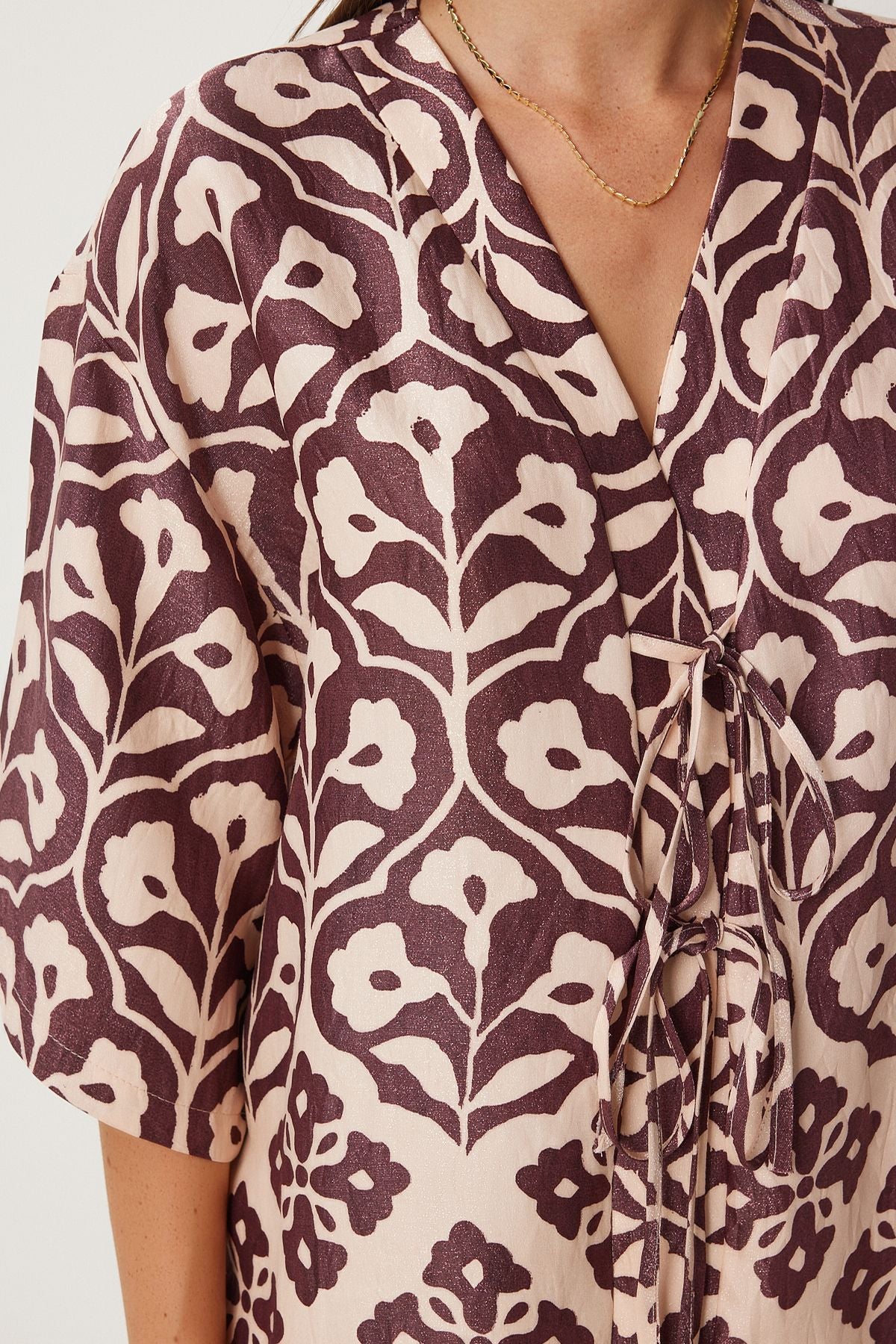 Female Pins Cream Patterned Viscose Blouse Palazzo Set FN03278