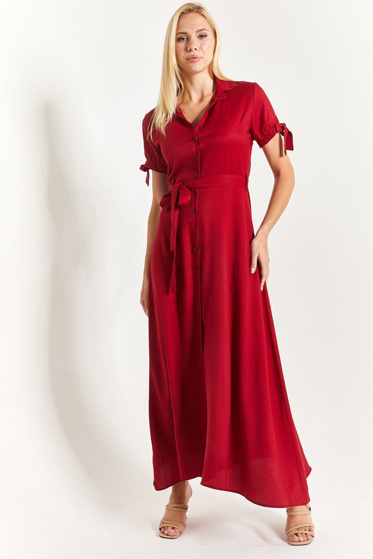 Female burgundy arm connected waist belt shirt dress ARM-23Y001004
