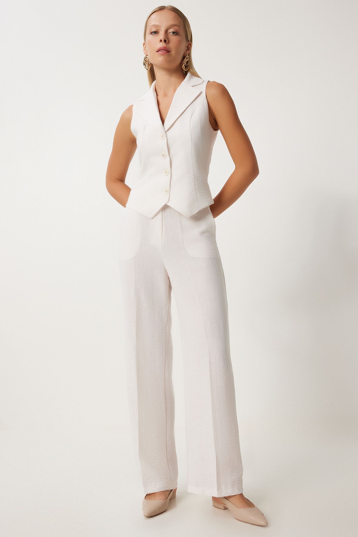 Women's Cream Light Transparent Shawl Yaka Vest Pants Set FN03231