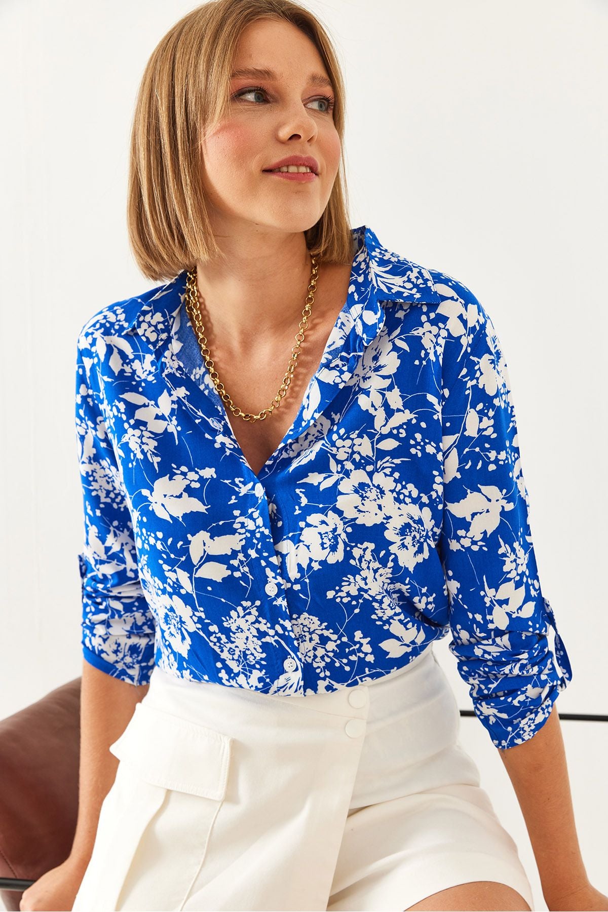 Women's Arm Folding Patterned Viscose Shirt 85001033