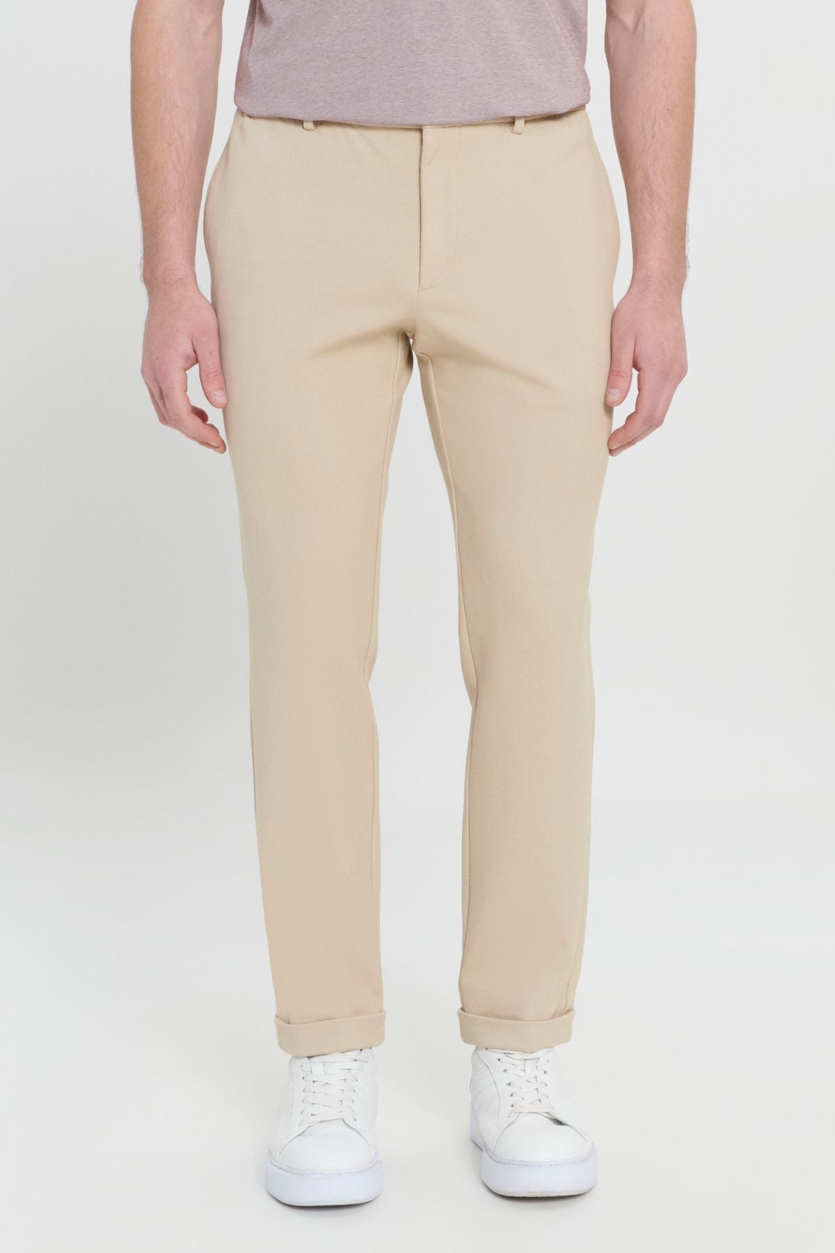 Men's beige 360 degrees stretching in the direction of the slim fit narrow cut knitting pants