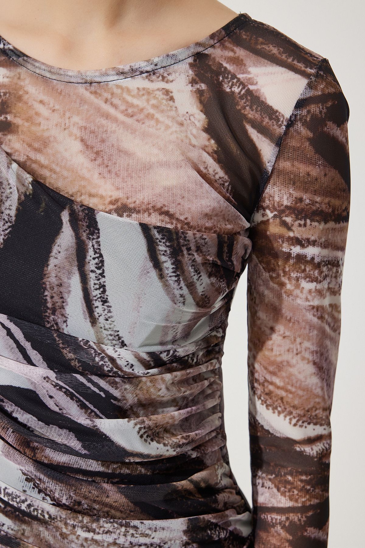 Female brown patterned shirred mini chiffon dress SF00020