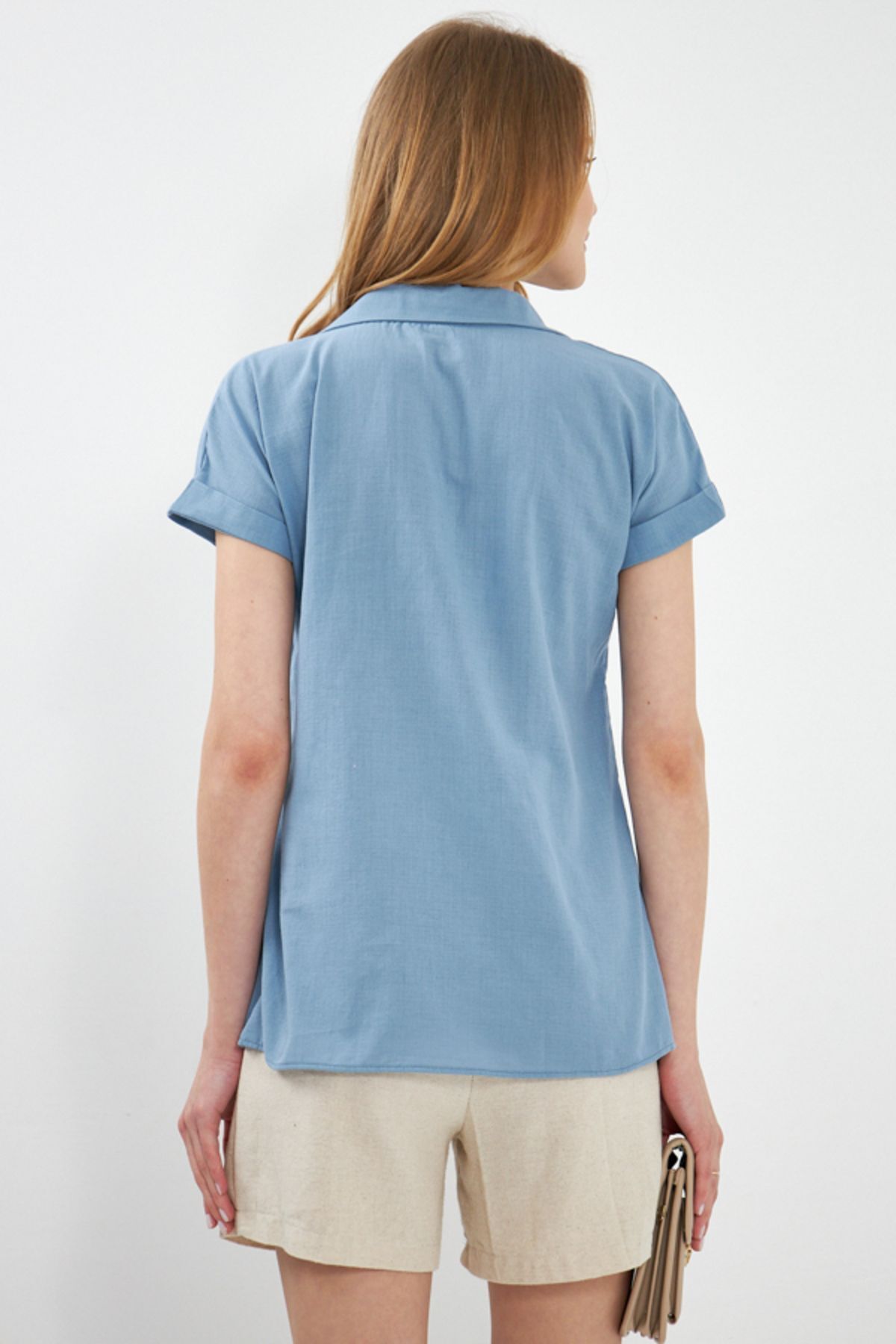 WOMEN'S BUYMAVİ SHORT SOLD LINE SHIRT ARM-24Y001038