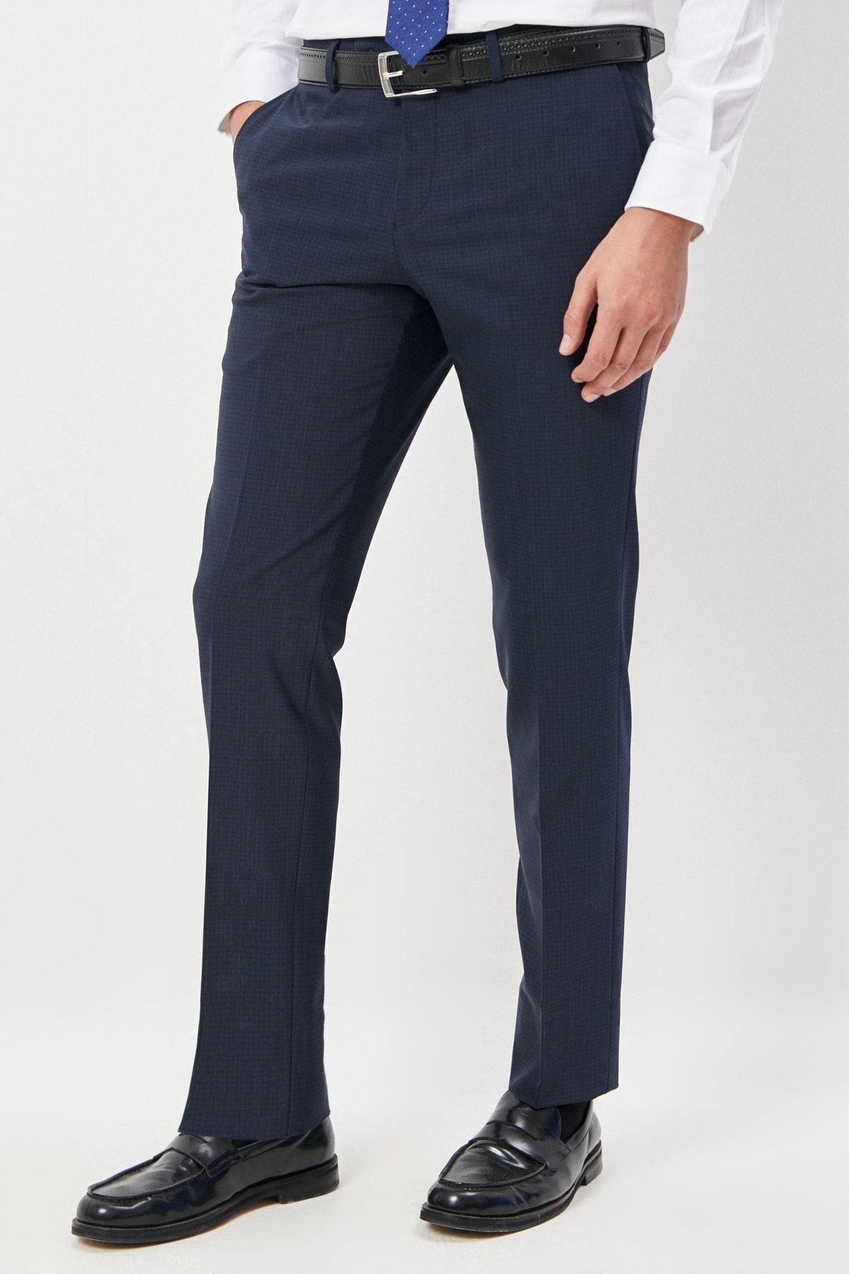 Men's dark navy blue slim fit narrow cut mono collar cheekly woolen suit suits