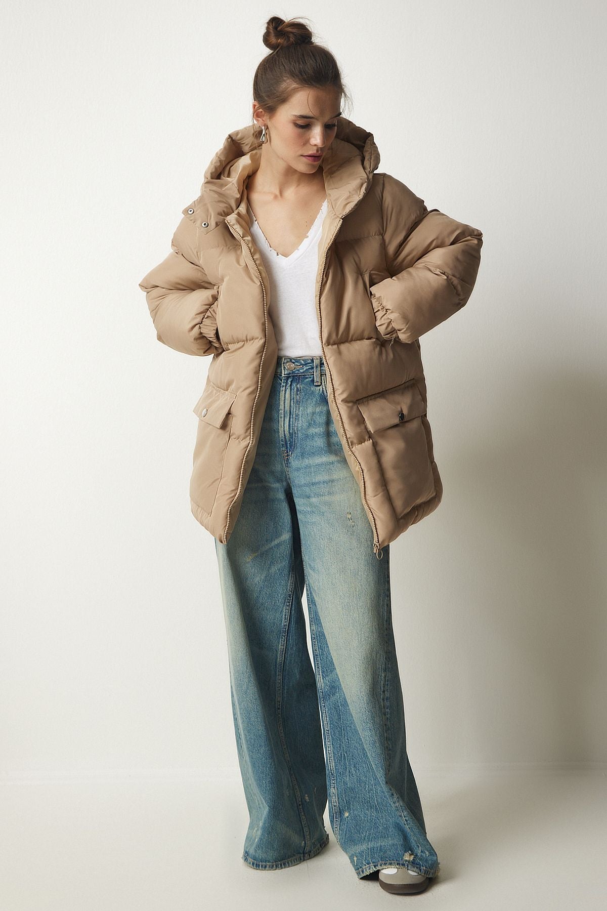 Female Beige Hooded Inflatable Coat HK00023