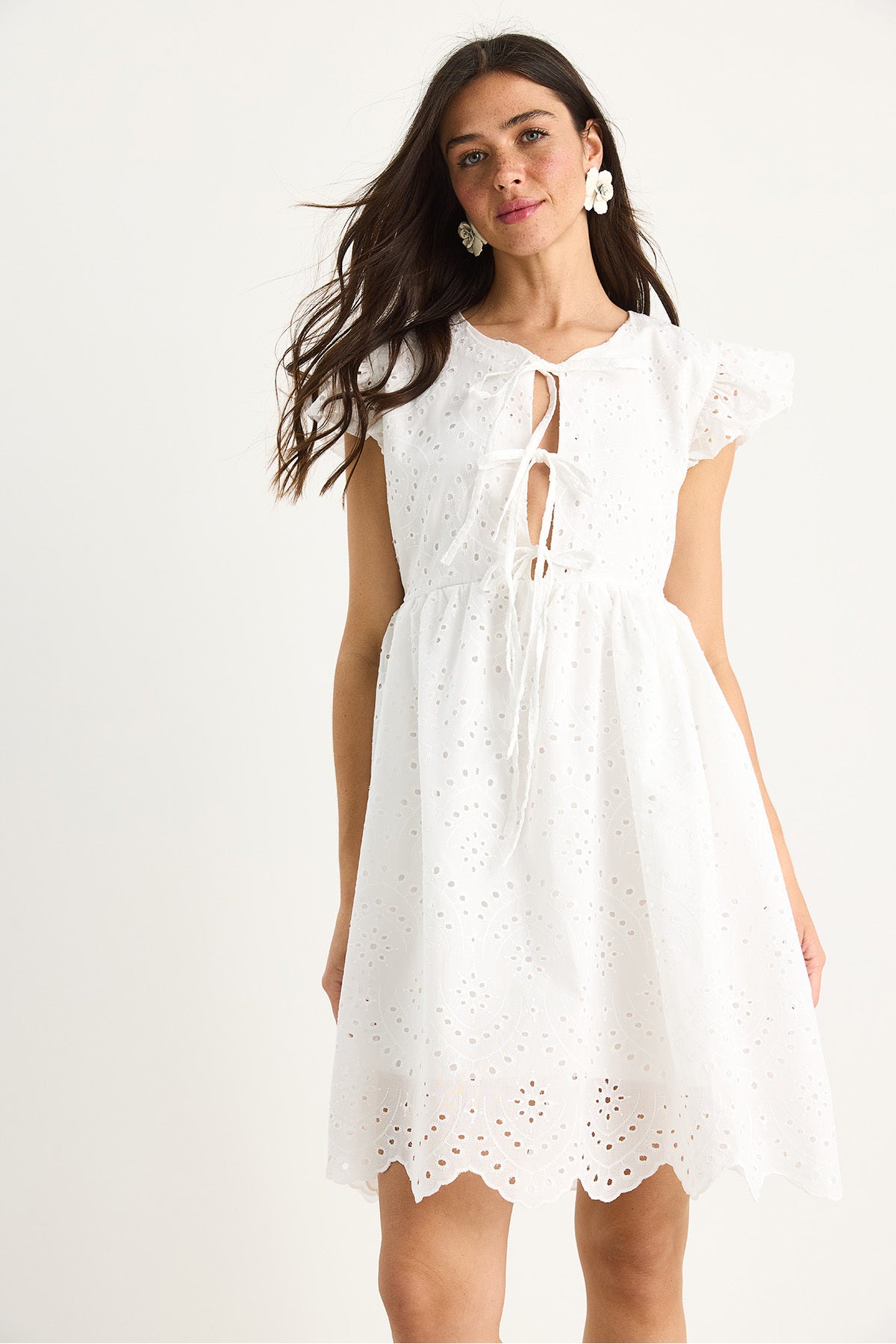 Women's Bow Detailed Scallop Lined Mini Dress 5237 60281056