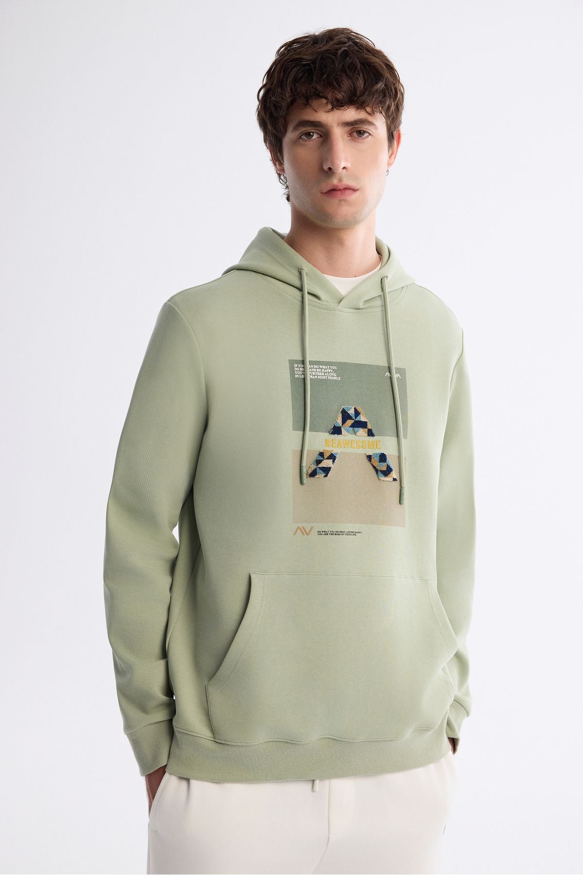 Men's Mint Green Hooded Cotton Printed Elastan Sweatshirt A42y1321