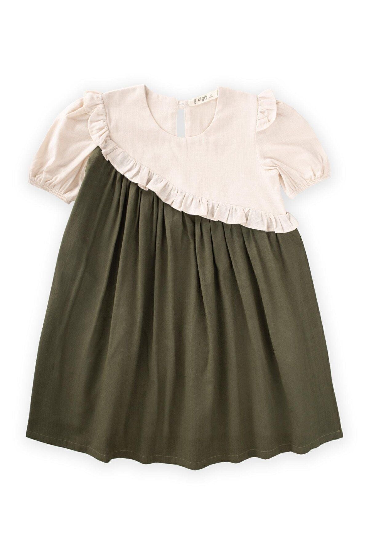 Two-color asymmetric dress 2-7 years ecru