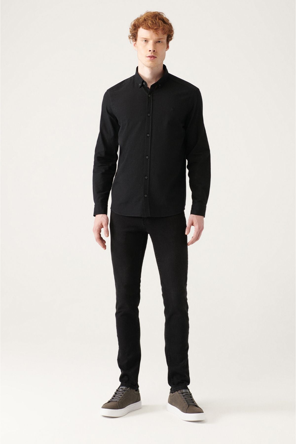 Men's black button collar 100 %cotton linen textured shirt E002141