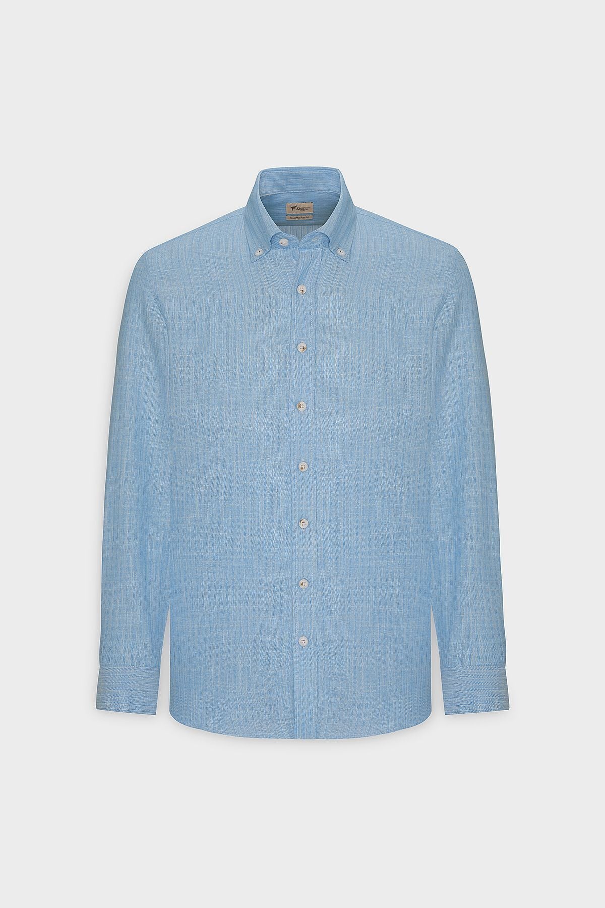 Men's green 100 %cotton slim fit narrow cut hidden buttoned collar linen -looking flalam shirt