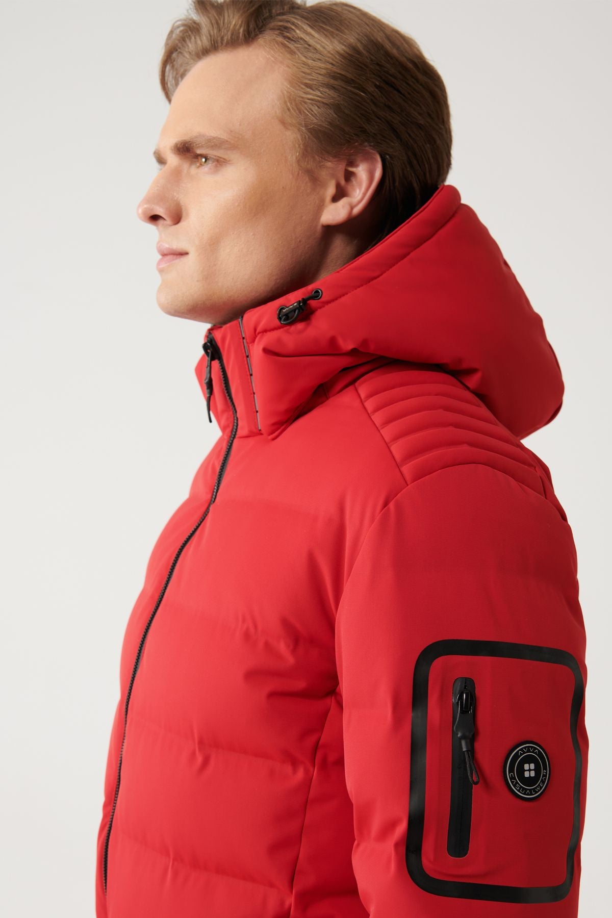 Men's Red Goose Feather Water Driving Windproof Thermometer Removable Hooded Hooded Inflatable Mont A32Y