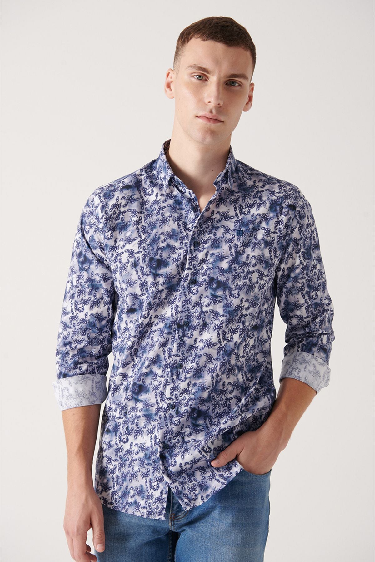 Men's Navy Blue Abstract Pattern 100 %Cotton Shirt A22Y2013