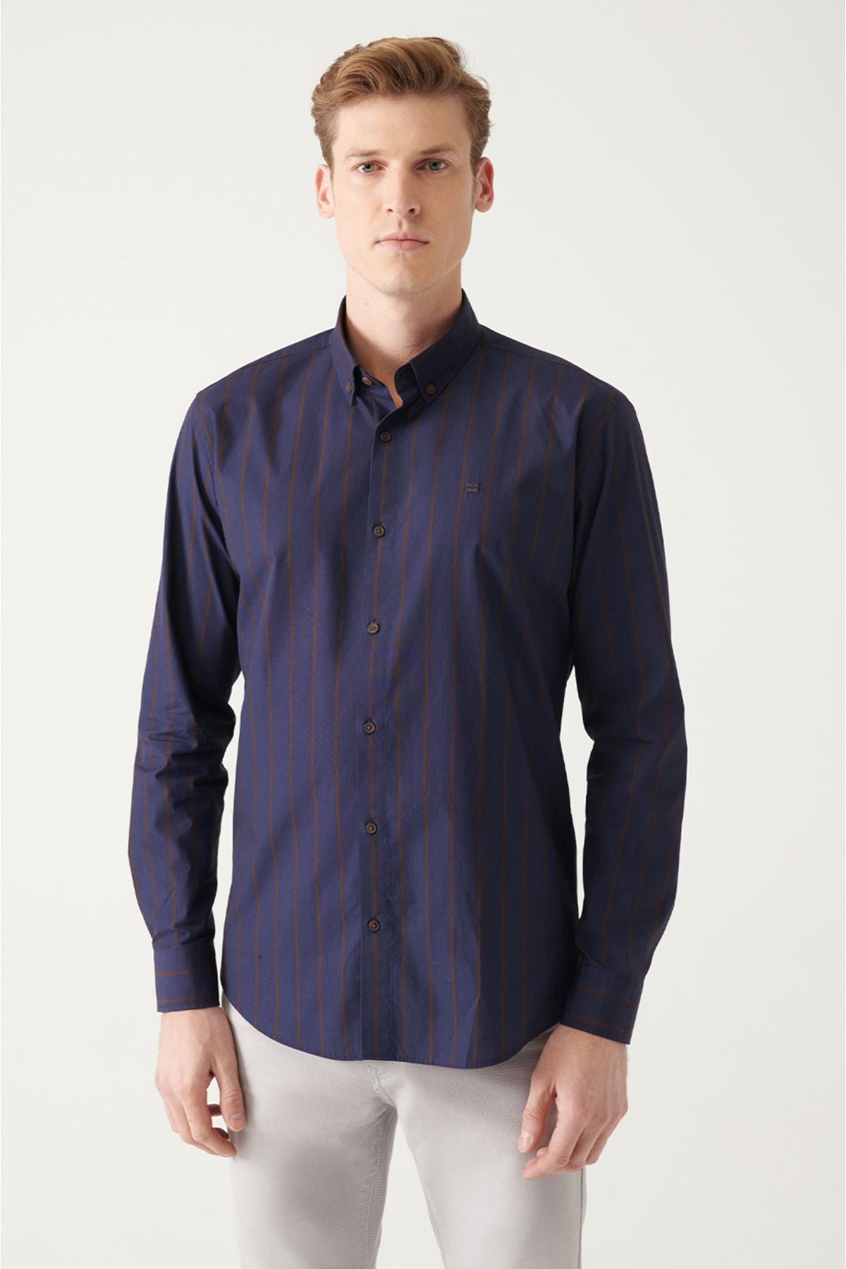 Men's Navy Blue Poplin 100 %Cotton Striped Shirt A31y2002