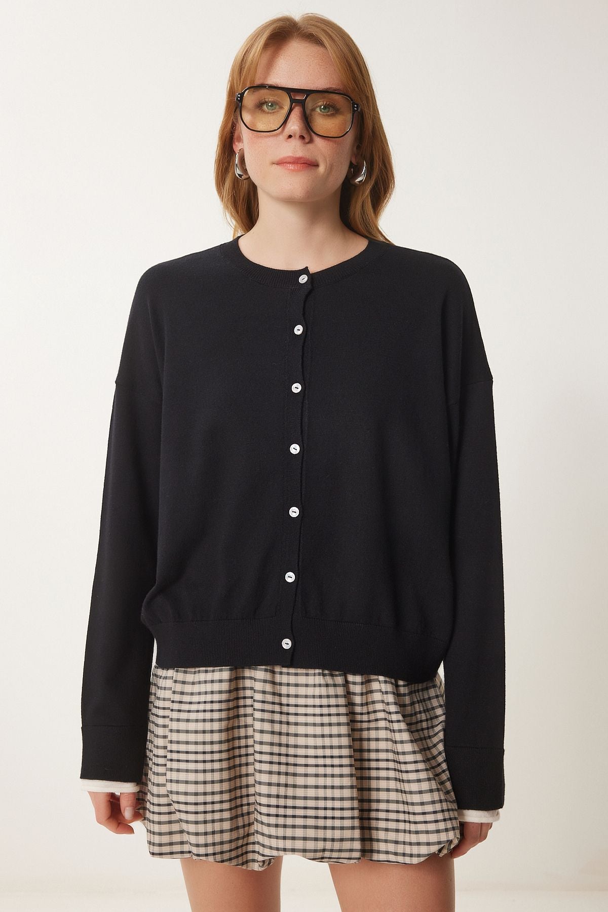 Female black contrast strip detailed seasonal knitwear cardigan US00953