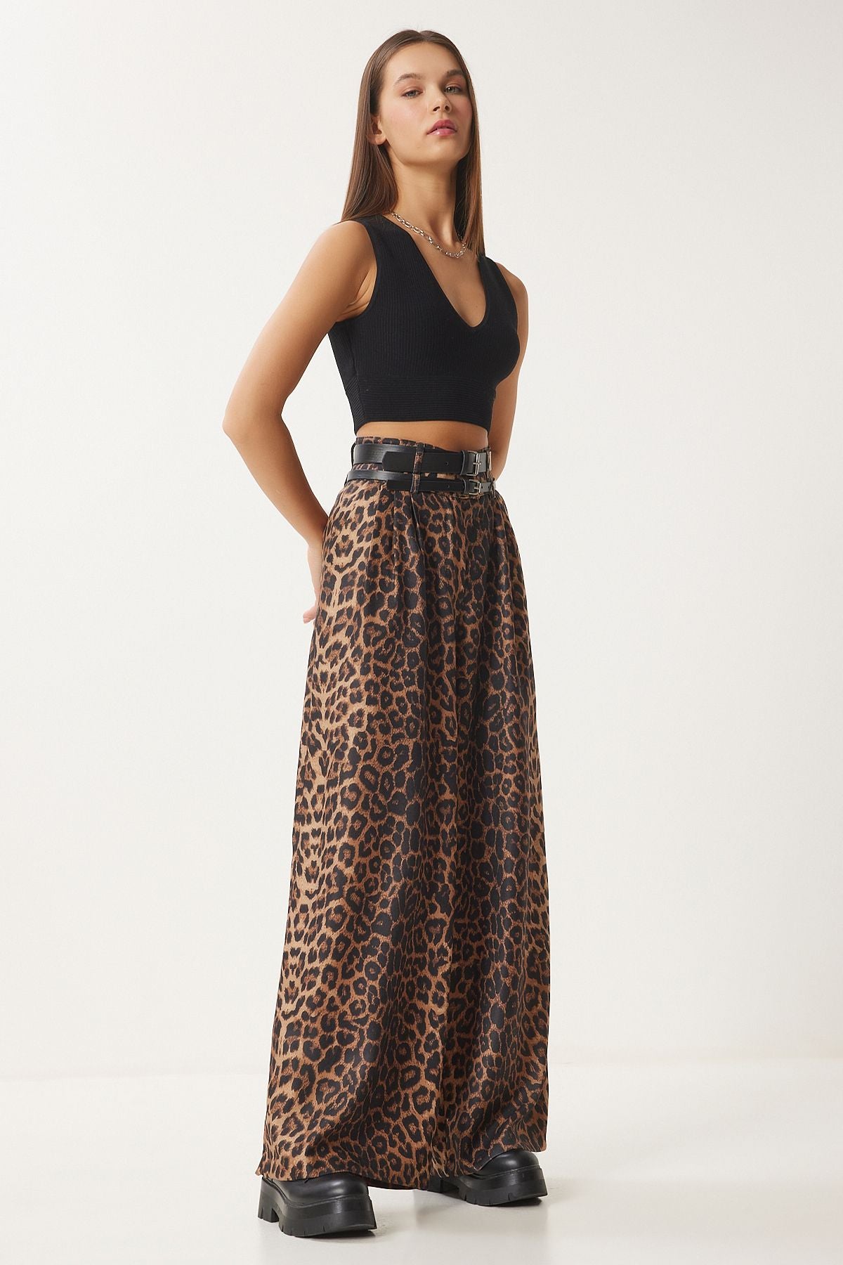 Woman Camel Black Leopard Patterned Double Belt Culatte Culatte Pants FN03412