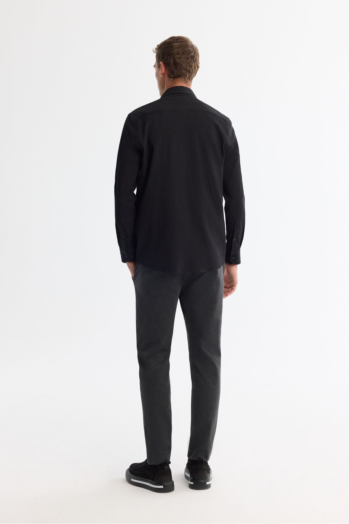 Men's black button collar easily ironable shirt A42Y2071