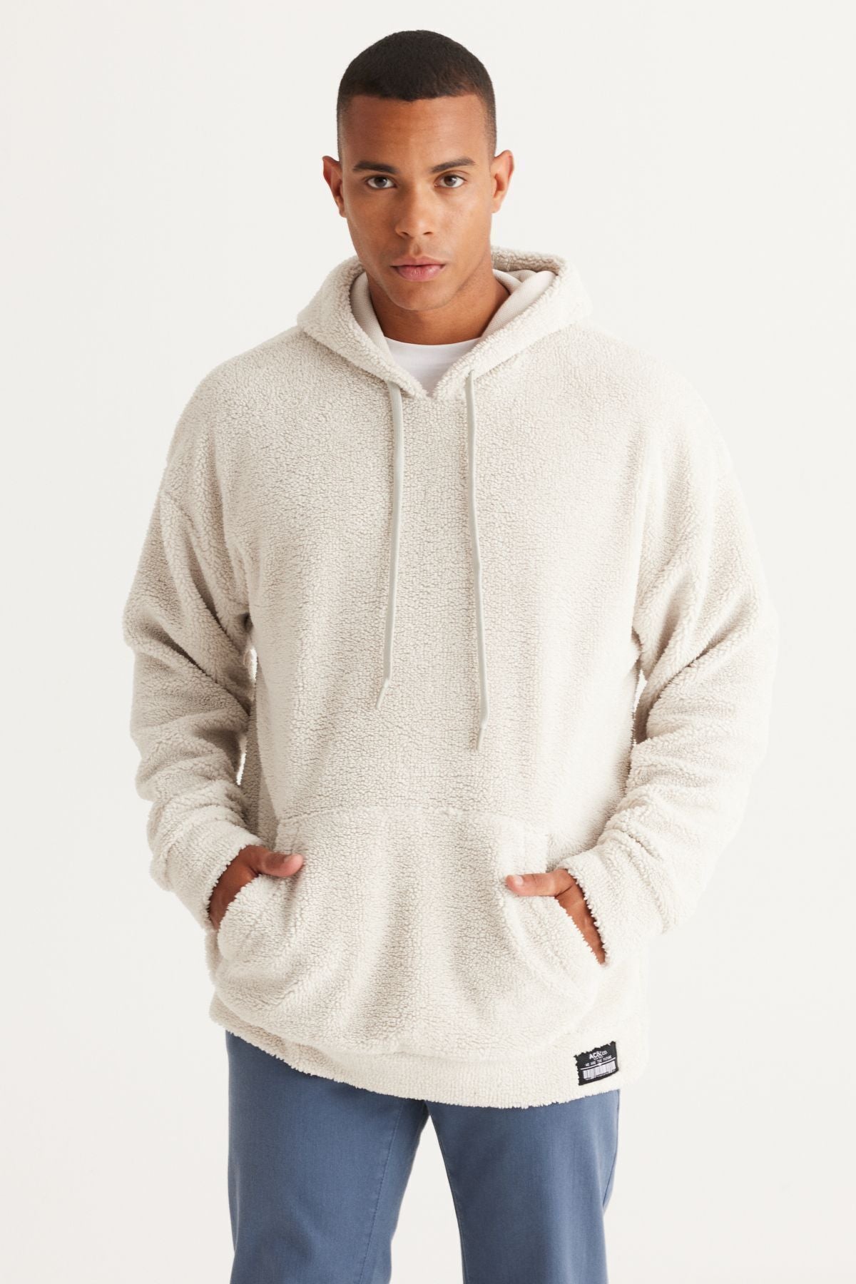 Men's Beige Oversize plenty of cut hooded sherpa sweatshirt polar