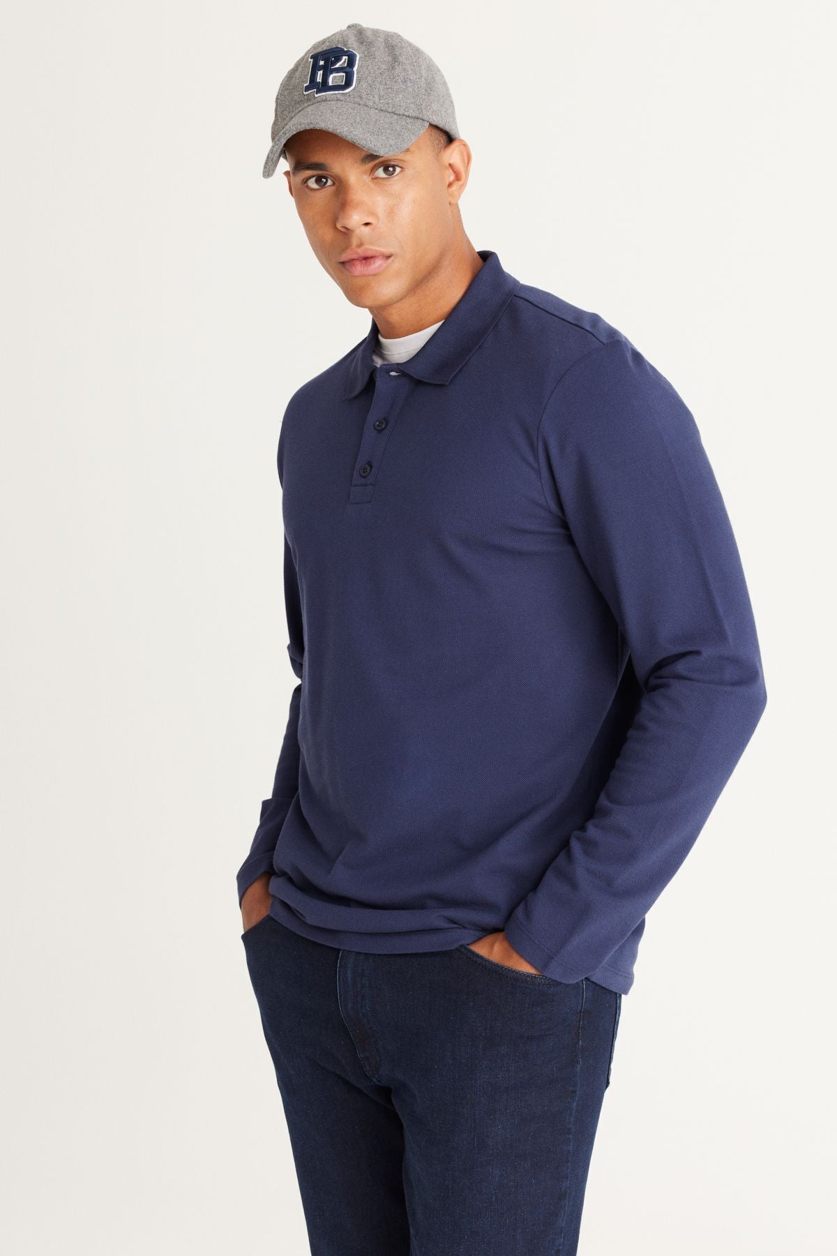 Men's Navy Blue Standard Fit Normal Cutting 3 IP FLOARD 100 %Cotton Polo Yaka Sweatshirt