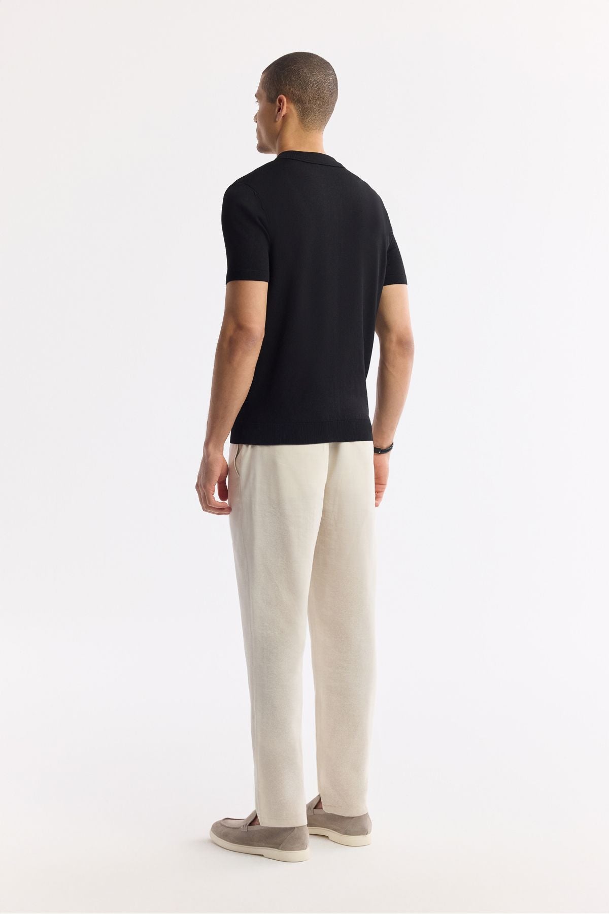 Men's black polo collar front buttoned wick knit patterned rayon knitwear T-shirt A51y5001