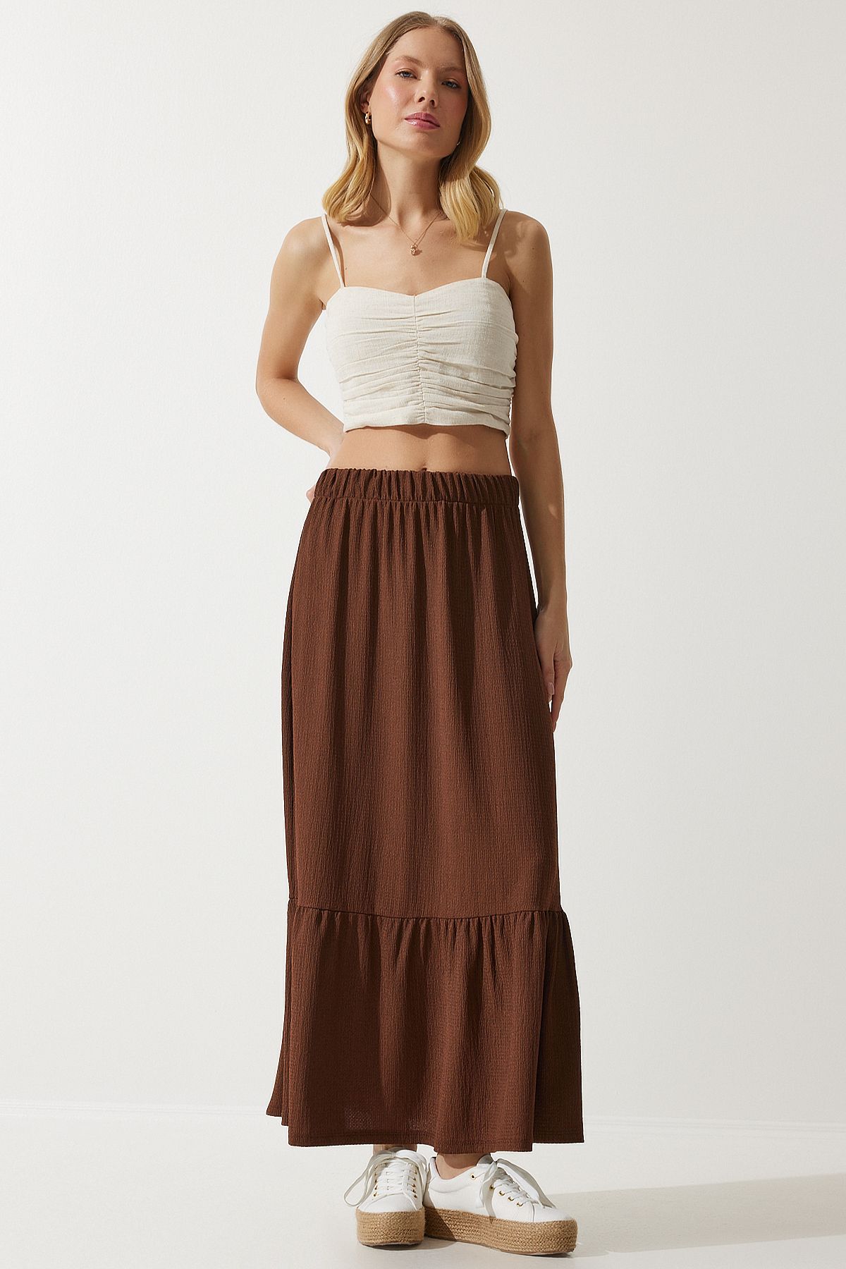 Female brown flywheel summer midi skirt DD01231