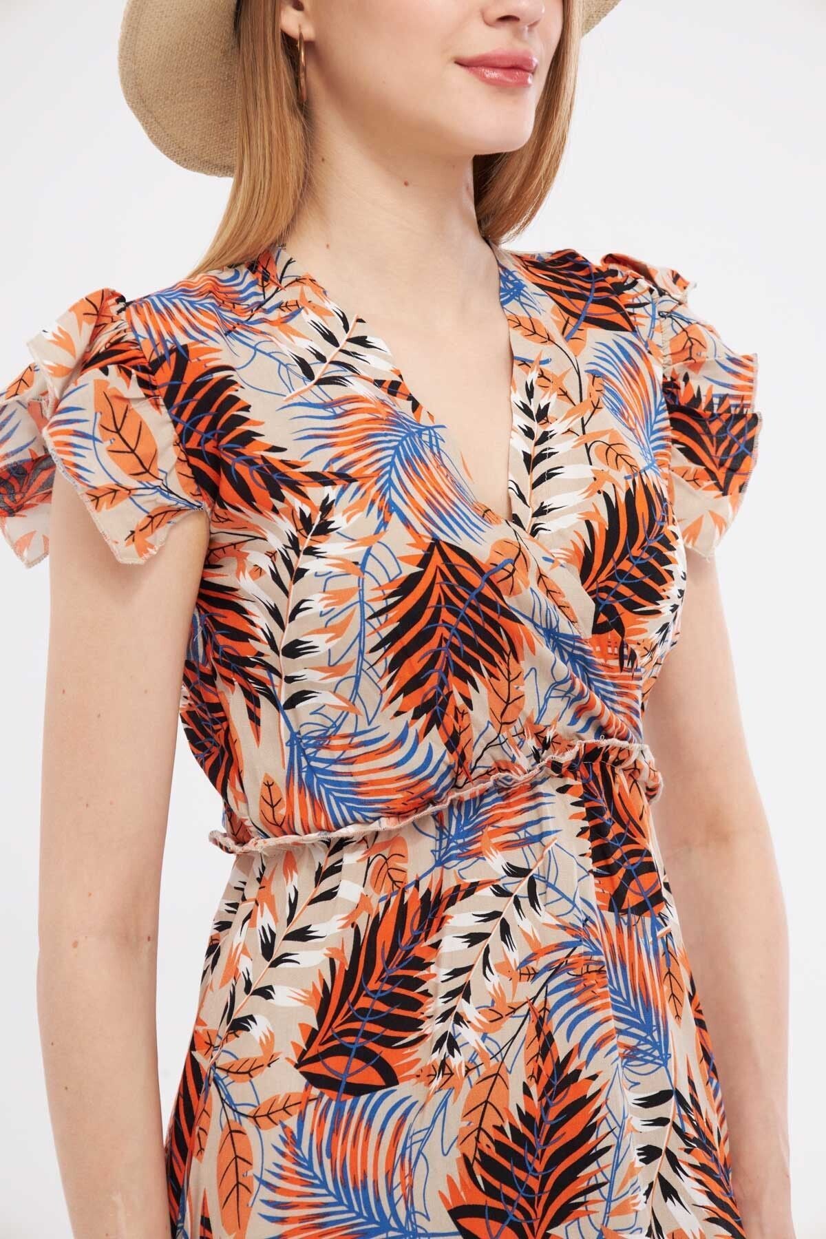 Female Orange Cruve Collar Shoulder Shoulder Suffering Detail Waist Midi Boy Dress ARM-24Y001020