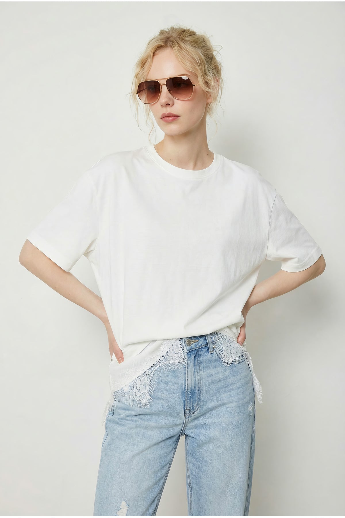 Women's Asymmetrical Lace Hemline Oversize T-Shirt 8716 60283956