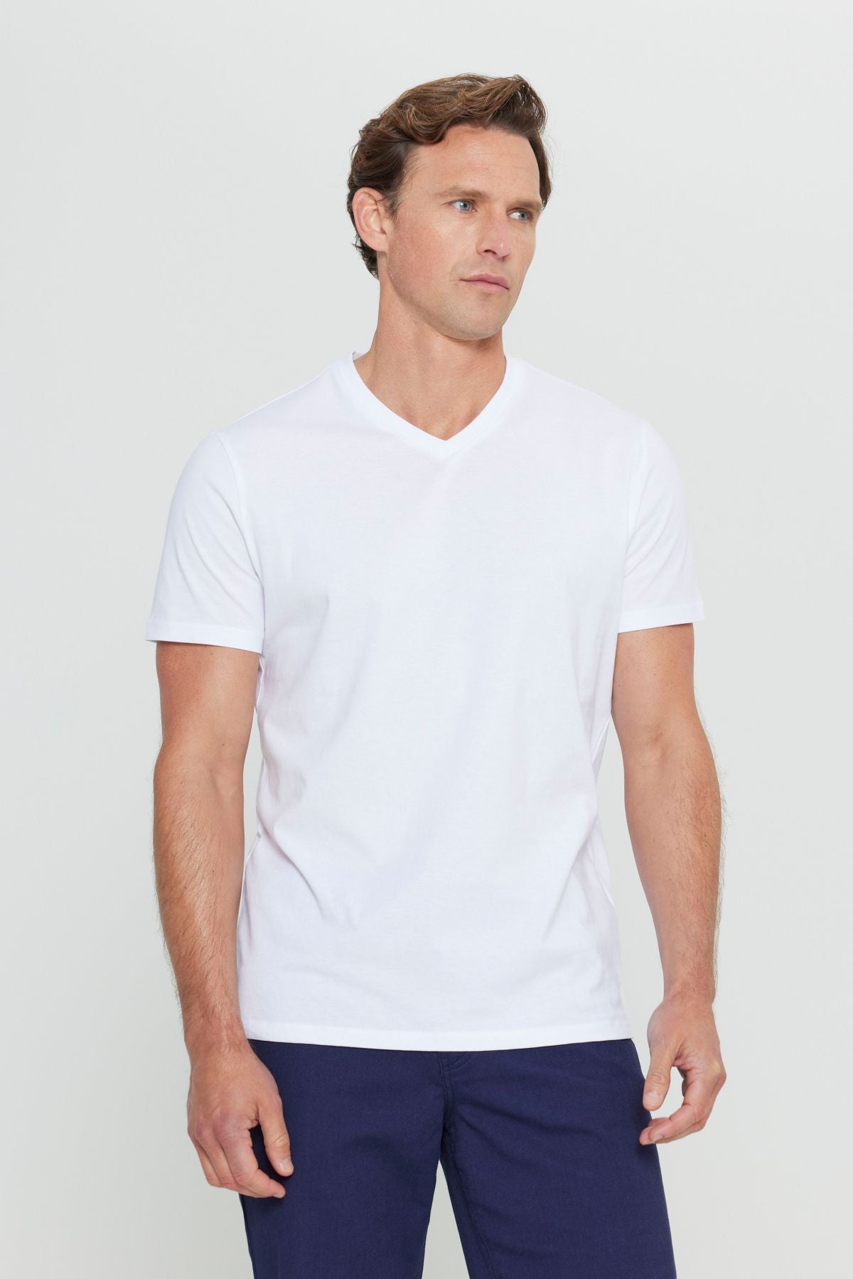 Male 100 %Cotton V -Neck White Slim Fit Narrow Cut T -shirt