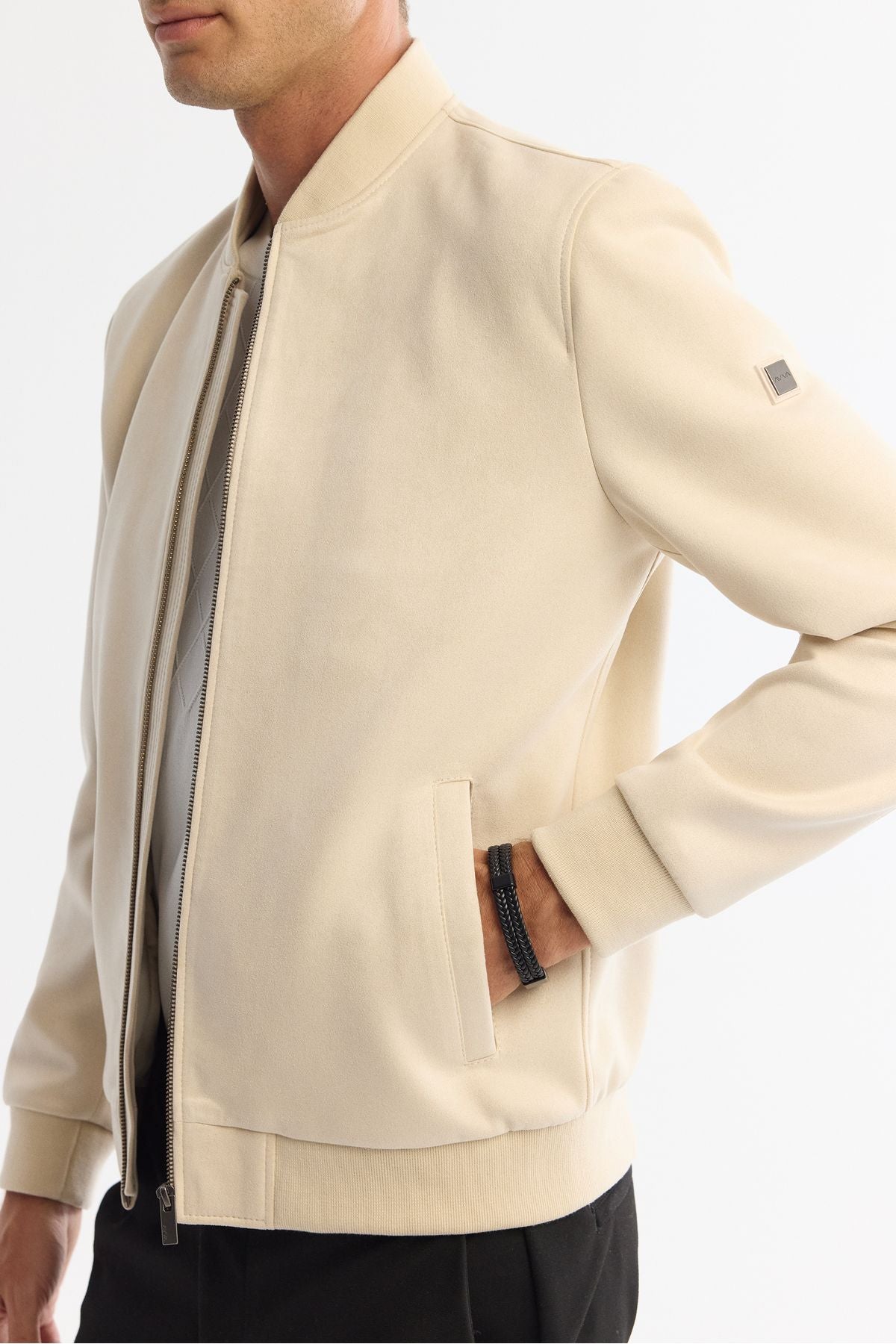 Men's beige zipper suede -looking Bomber Ince Mont B006045