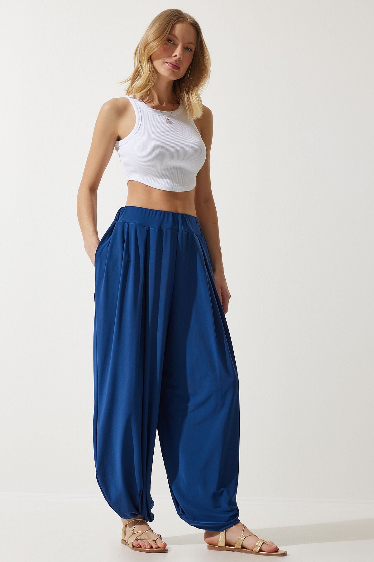 Female navy blue pleated comfortable modal shalwar pants DD01313