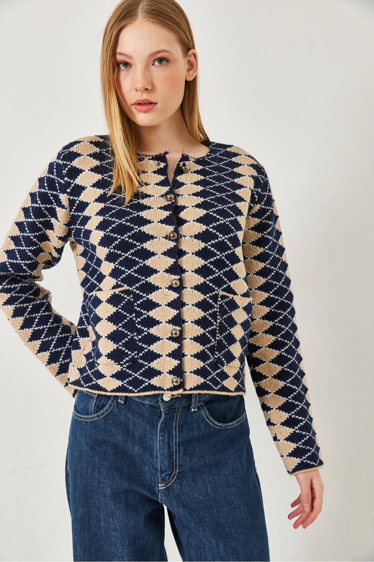 Women's side baklava patterned knitwear cardigan 241139 60261289