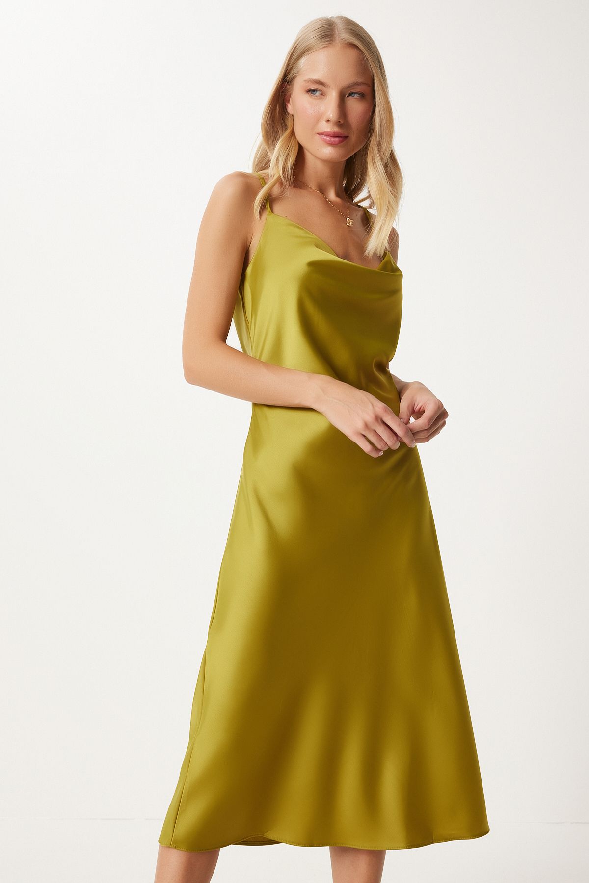 Women's Fat Green Degage Collar Satin Surface Dress FN03300