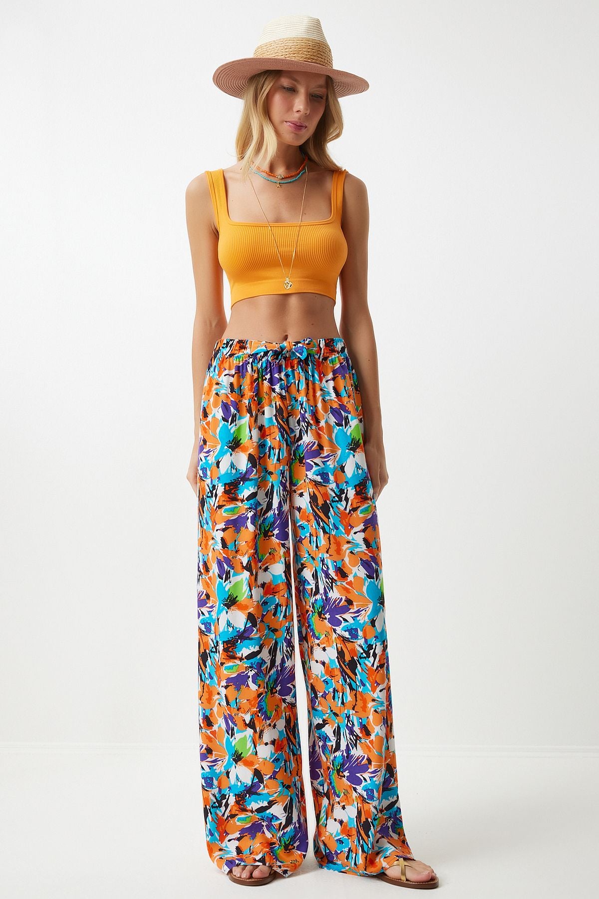 Woman Sky Blue Orange Patterned Viscose Palazzo Pants EN00606