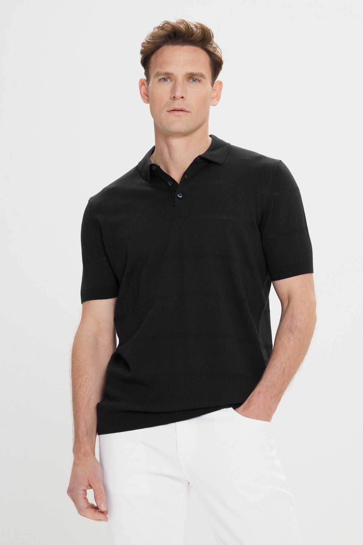 Men's Black Standard Fit Normal Cutting 100 %Cotton Jacquari Polo Yaka Triko T -shirt