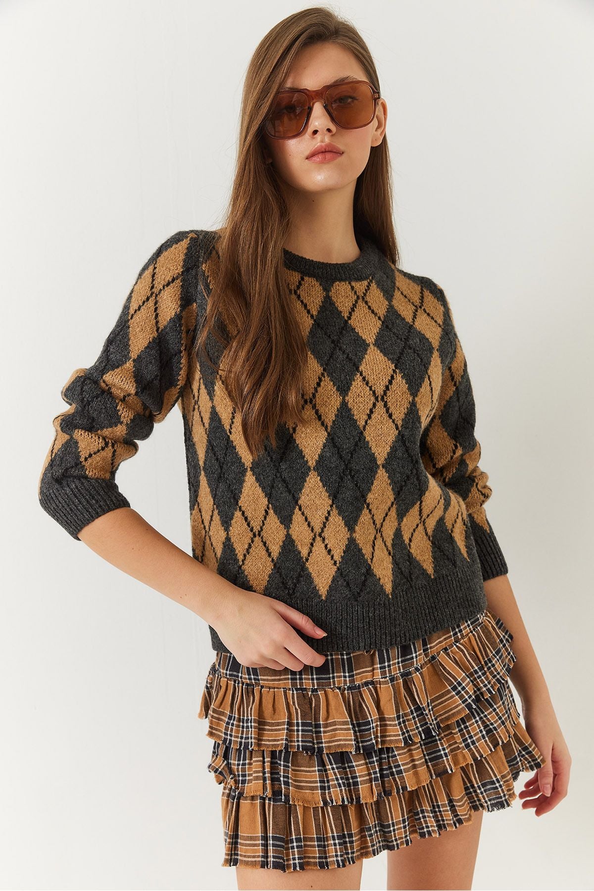 Female Bike Neck Baklava Patterned Sweater 241192 60261036