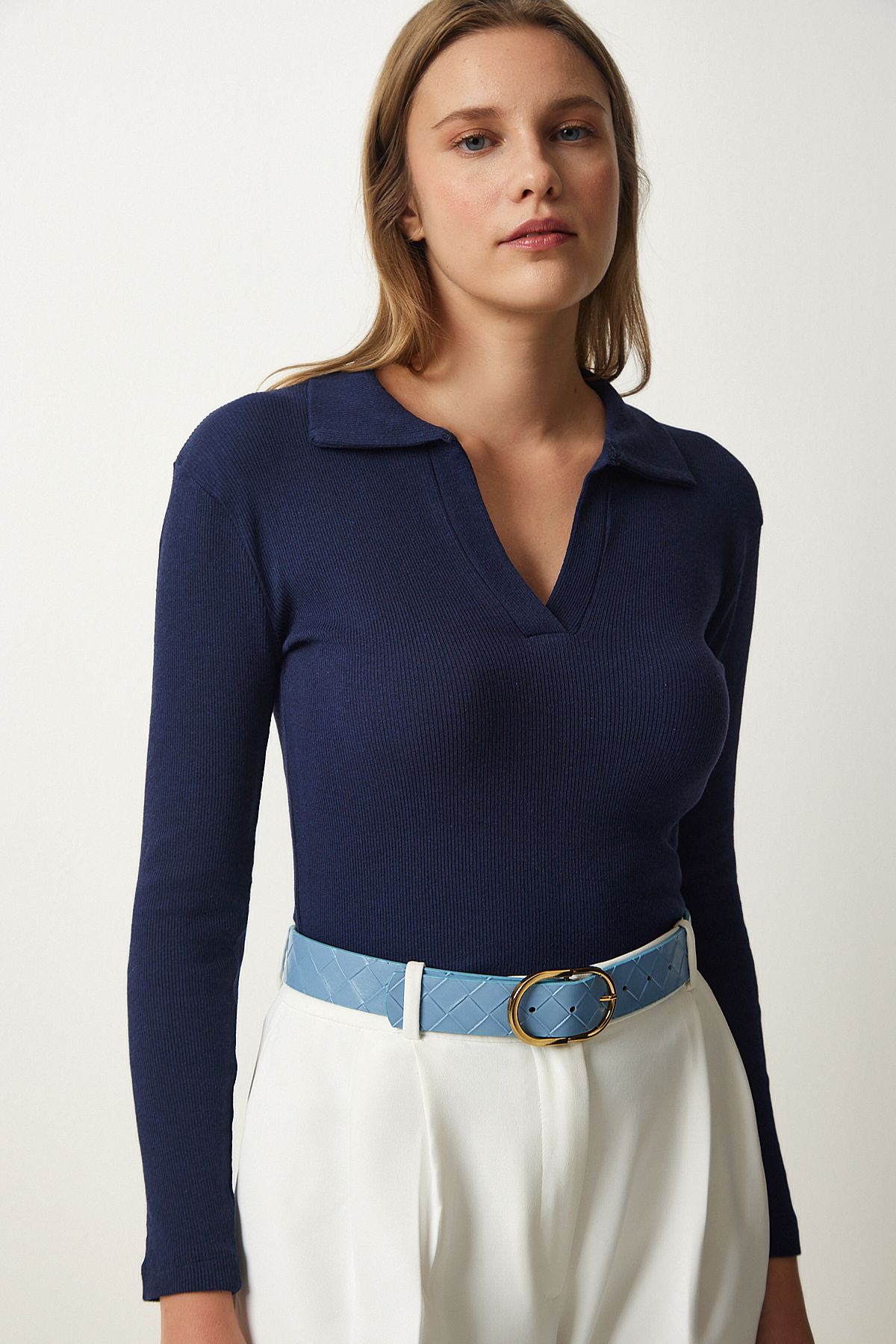 Woman Navy Blue Polo Yaka Vumor Knitting Blux GT00111