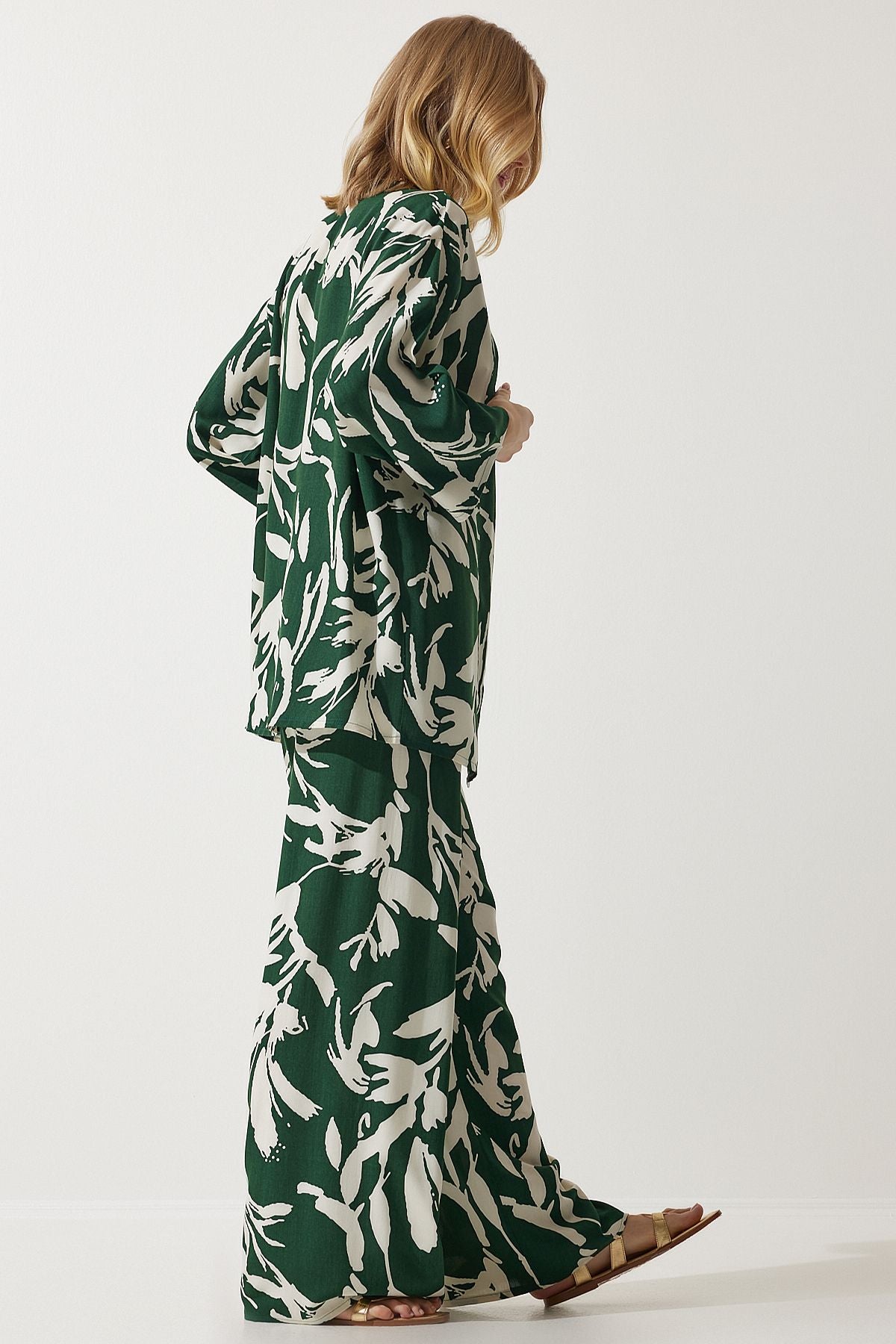 Women's Green Patterned Kimono Palazzo Pants Set EN00614