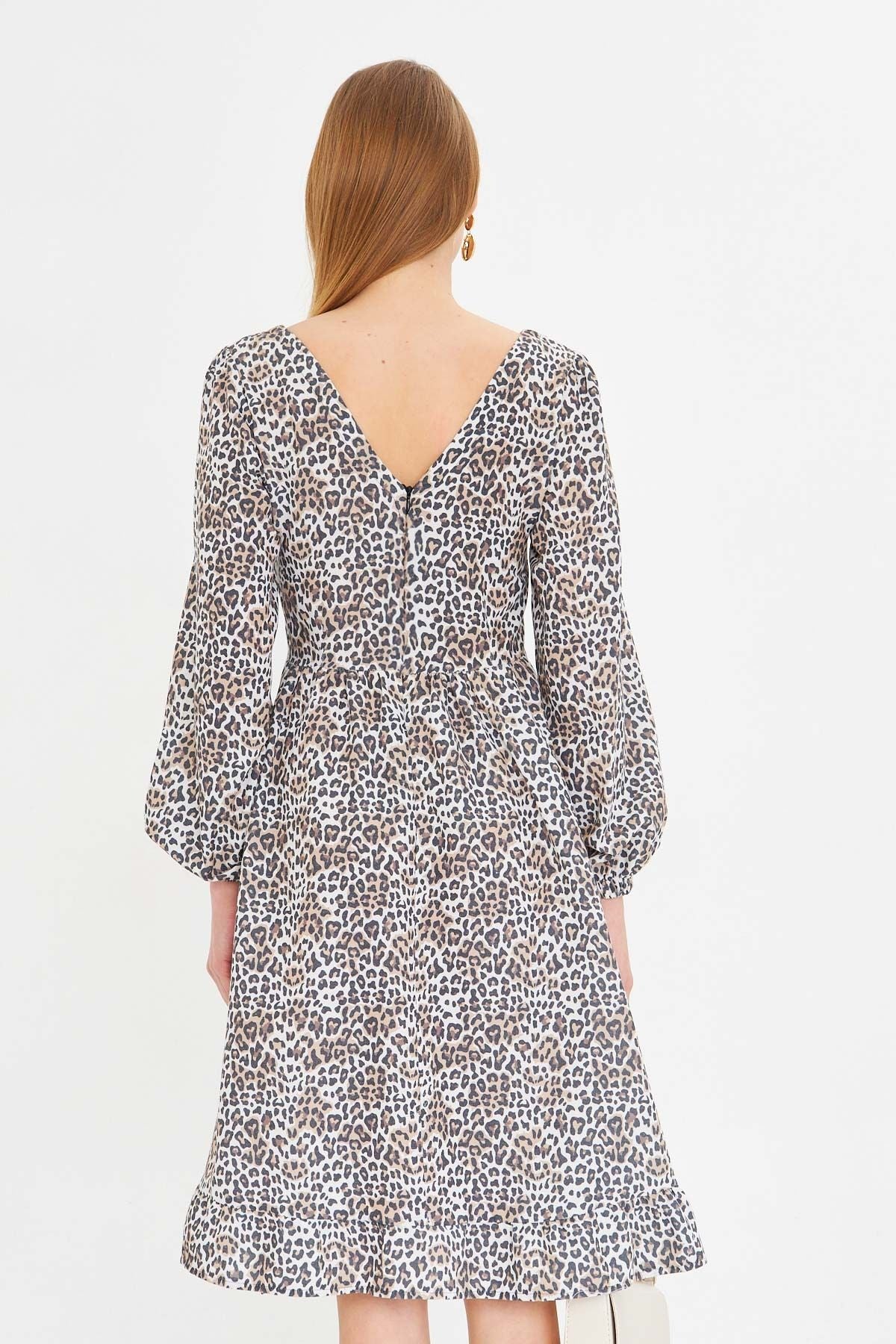 Female Beige U Back Back Zipper Waist Waist Midi Patterned Dress ARM-25K001104