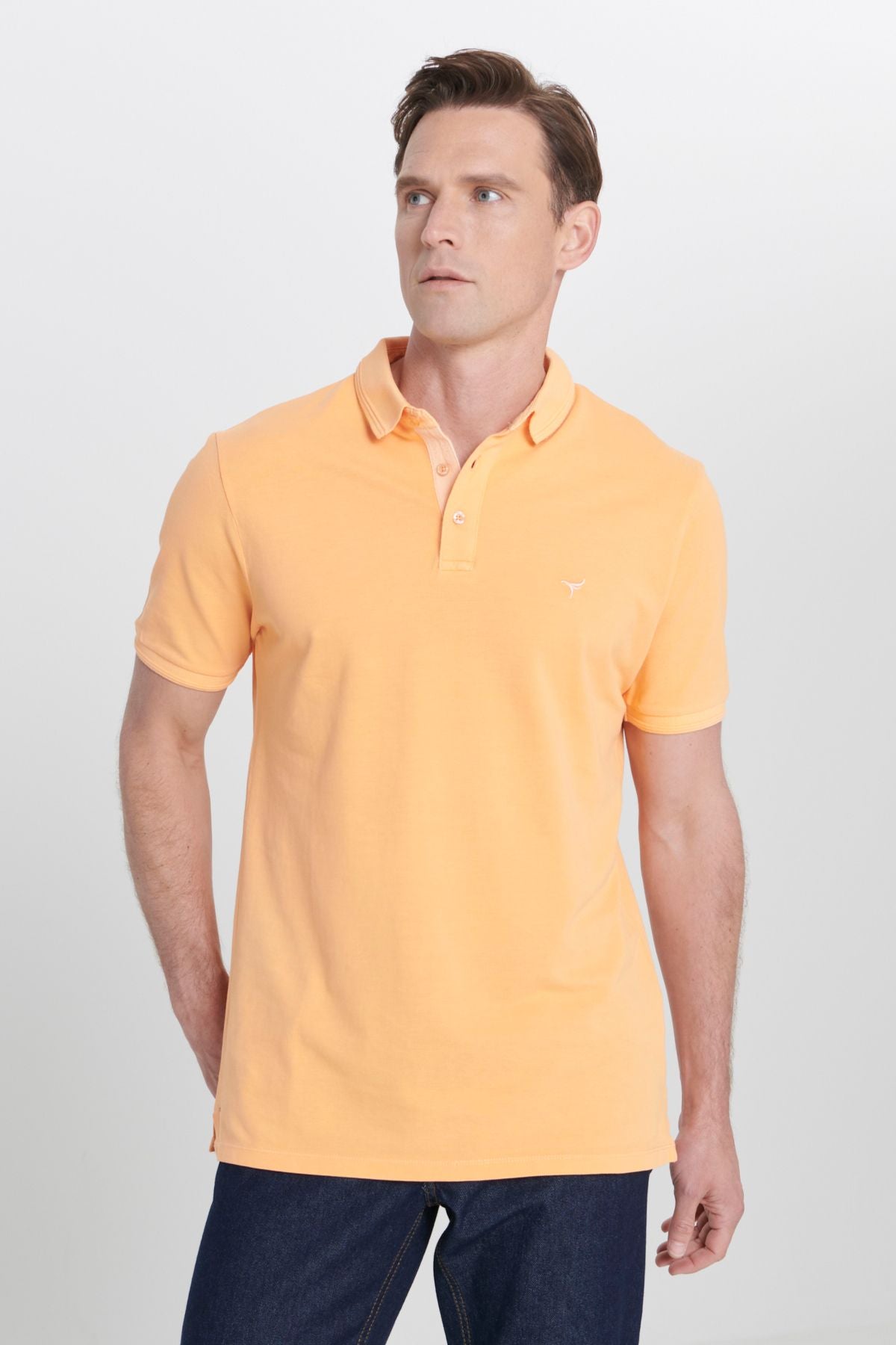 Men's orange slim fit narrow cut polo collar 100 %cotton patterned T -shirt