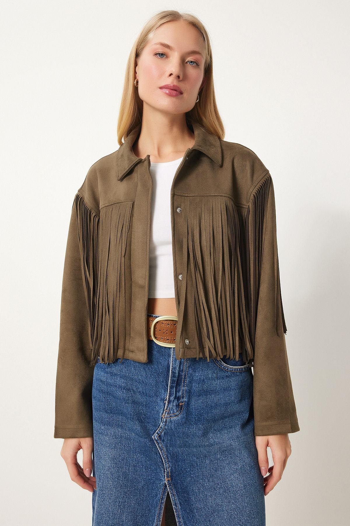 Female Khaki shirt collar tassel suede jacket DP00222