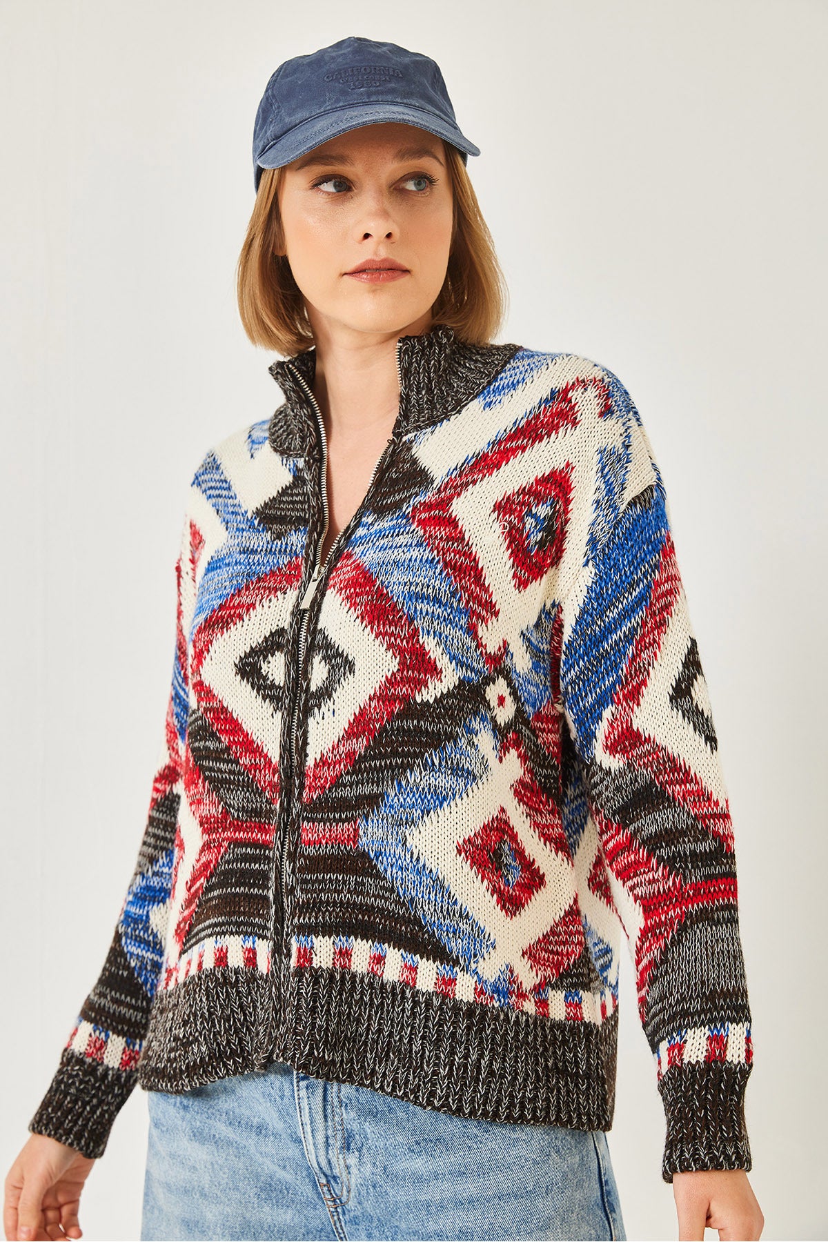 Women's Zippered Patterned Knitwear Cardigan 20246951
