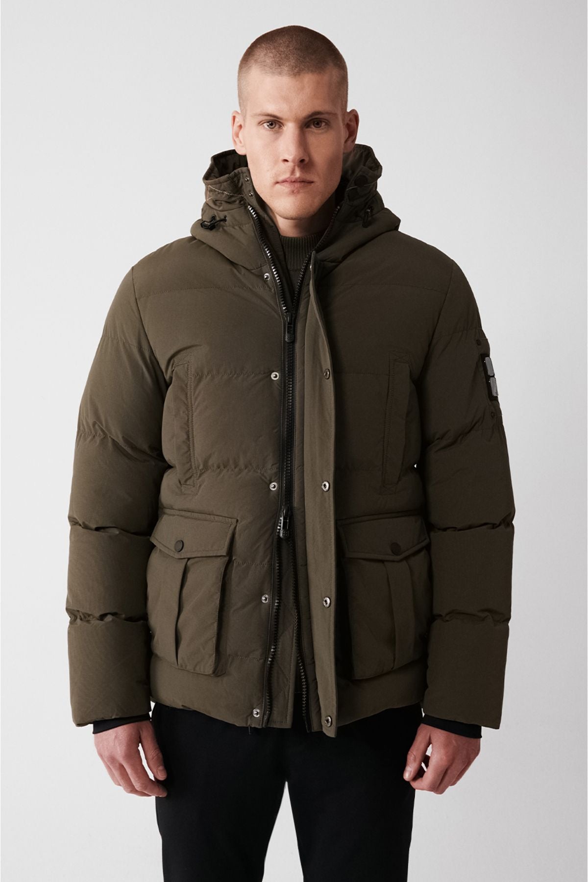 Men's Khaki Inflatable Coat Hooded Plush Detail Detail Water Driving Windproof Comfort Fit A32Y6046