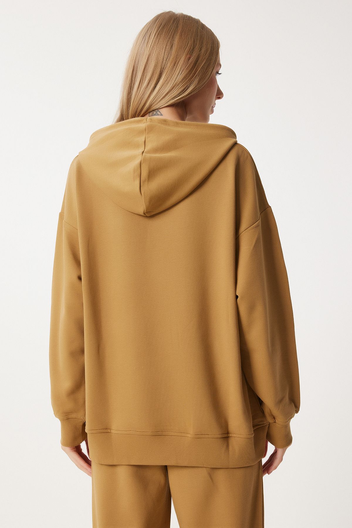 Woman Dark Mustard Hooded Sweatshirt Jogger Oversize Knitting Satatches Pys0027