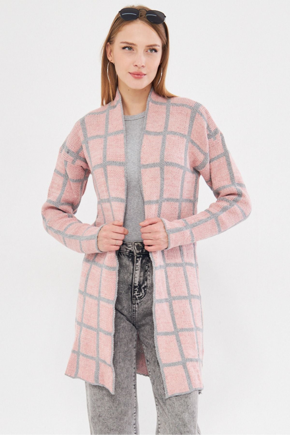 Woman Pink Square Patterned Long Knitwear Cardigan ARM-25K012007