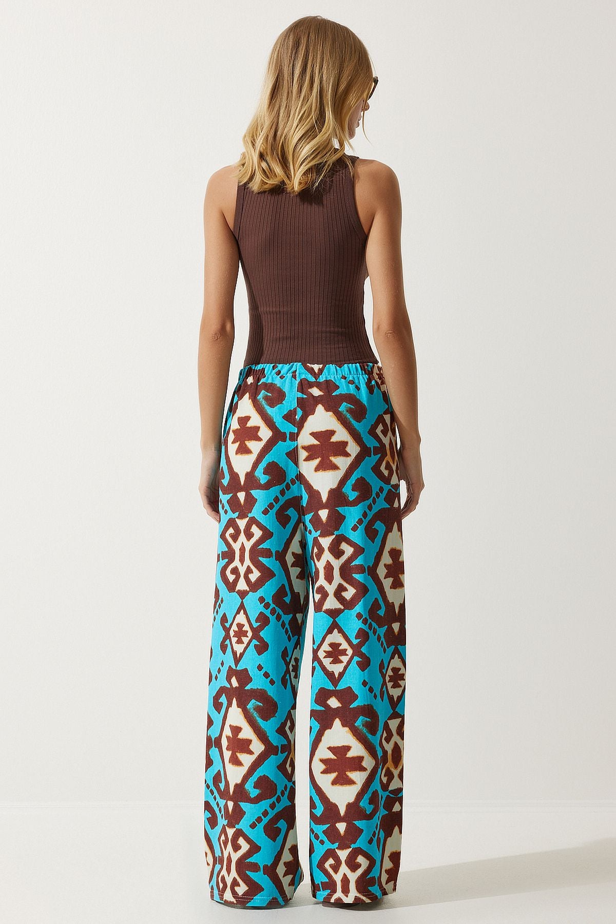 Female turquoise patterned raw linen palazzo pants BH00397