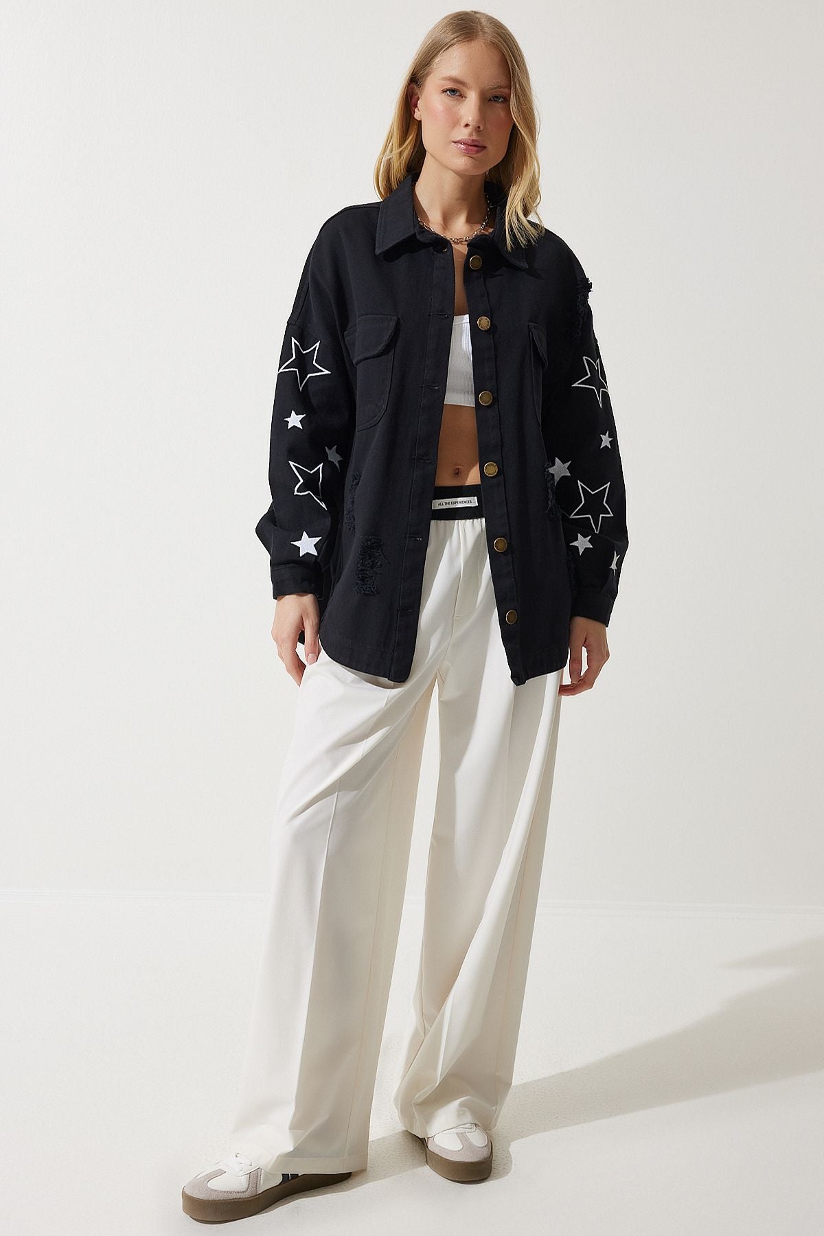 Female black star embroidery overwhelm shirt jacket sa00026